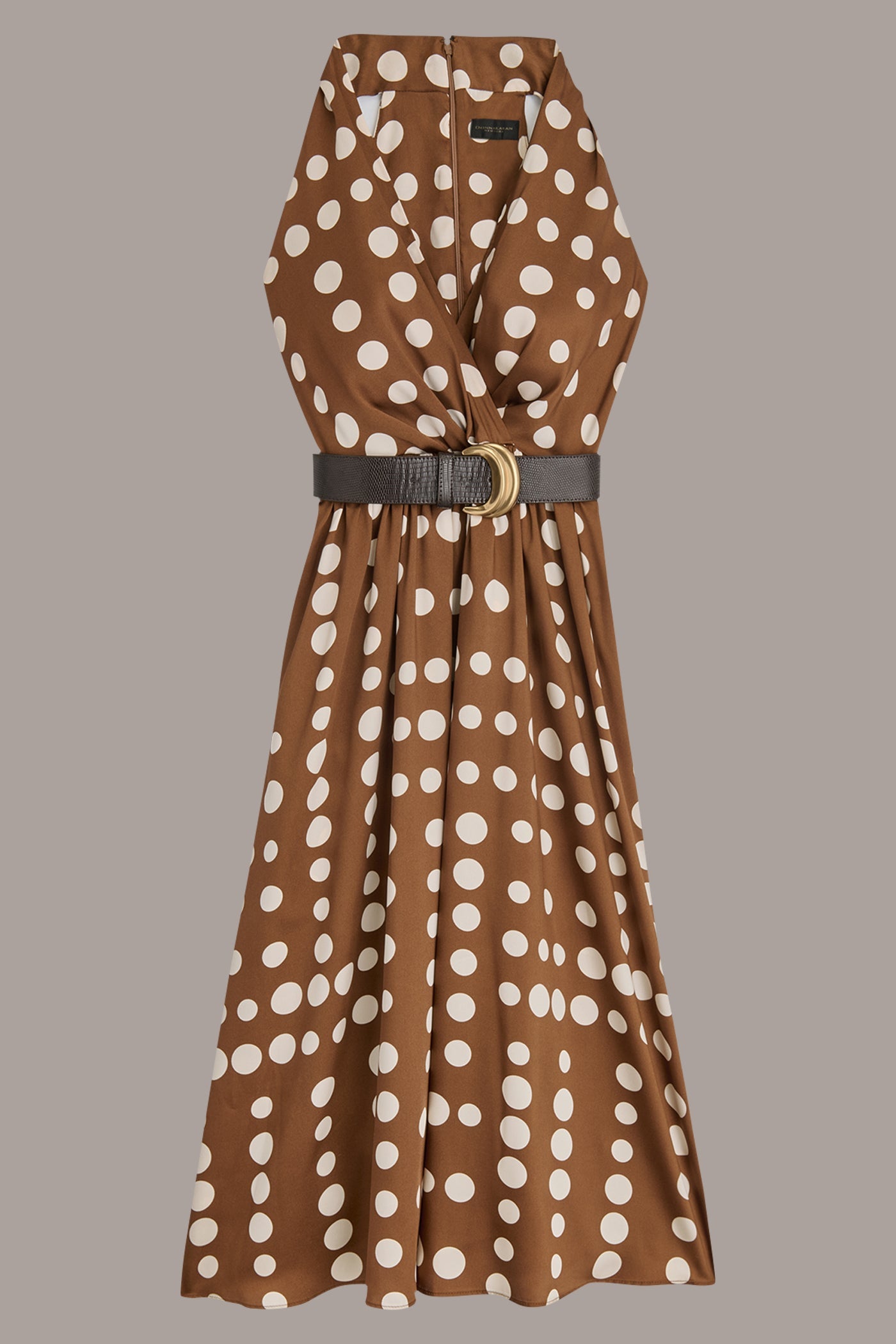 Russet/Light Canvas SLEEVELESS POLKA DOT MIDI FIT AND FLARE DRESS Donna Karan