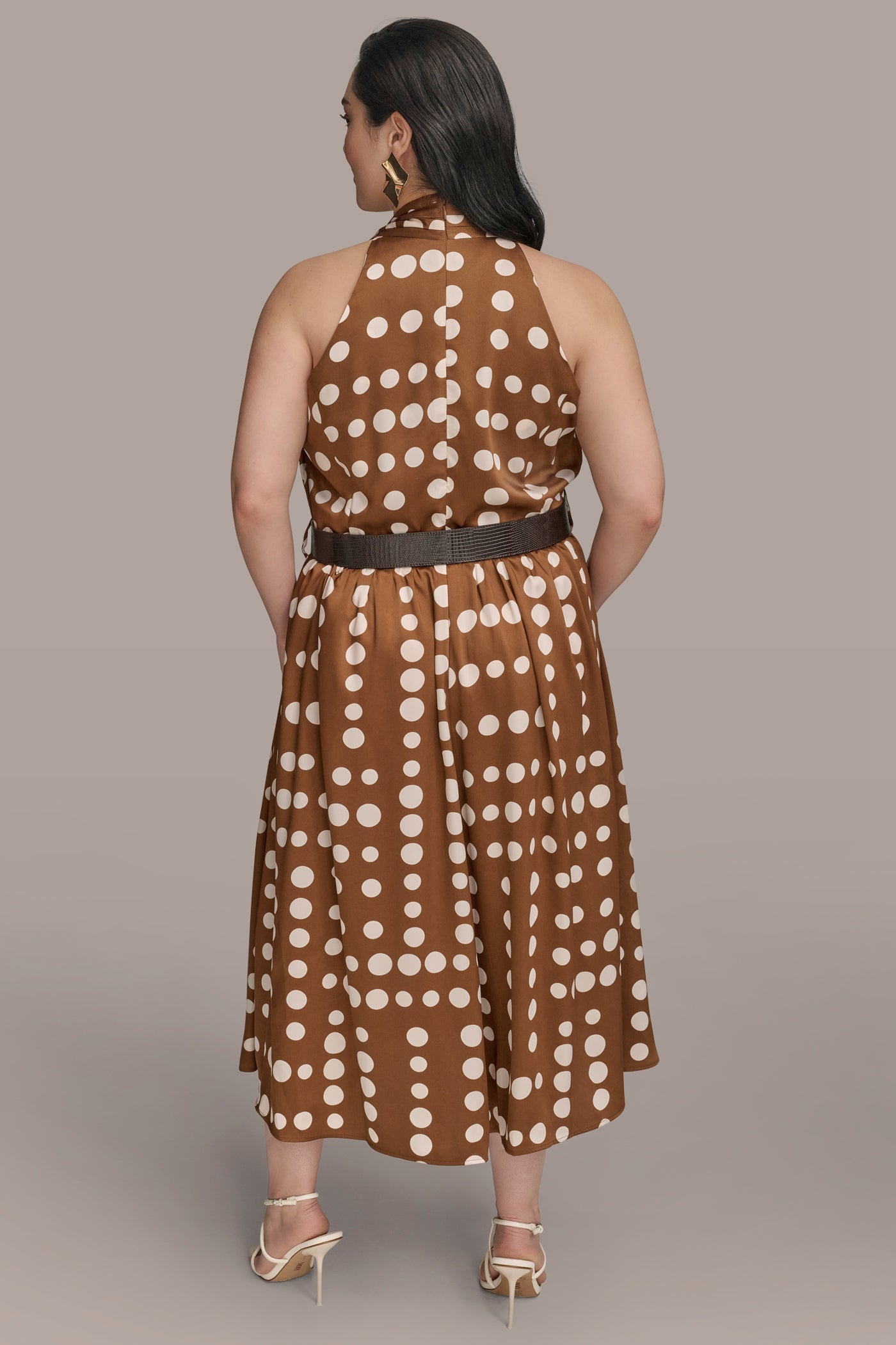 Russet/Light Canvas SLEEVELESS POLKA DOT MIDI FIT AND FLARE DRESS Donna Karan
