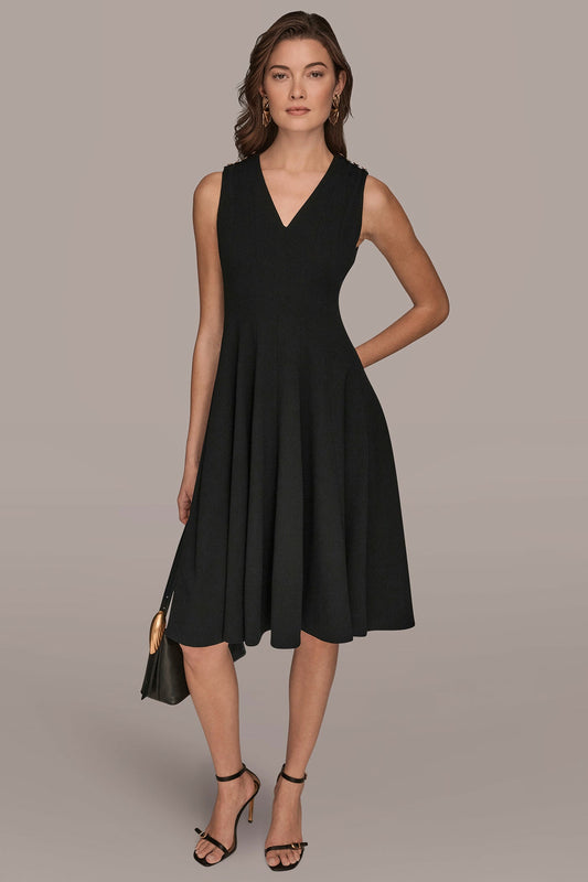 Black SLEEVELESS BUTTON MIDI FIT AND FLARE DRESS Donna Karan