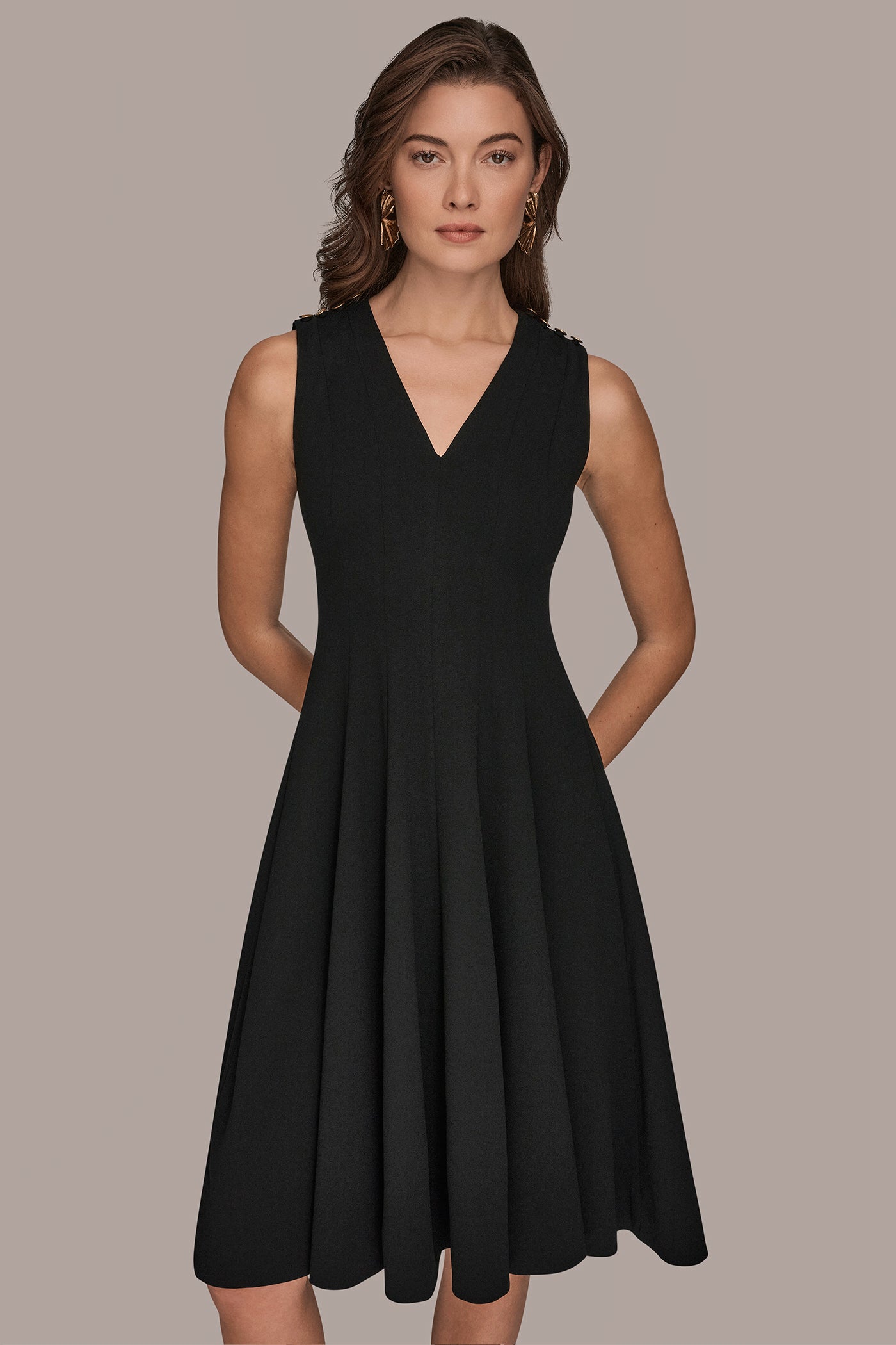 Black SLEEVELESS BUTTON MIDI FIT AND FLARE DRESS Donna Karan
