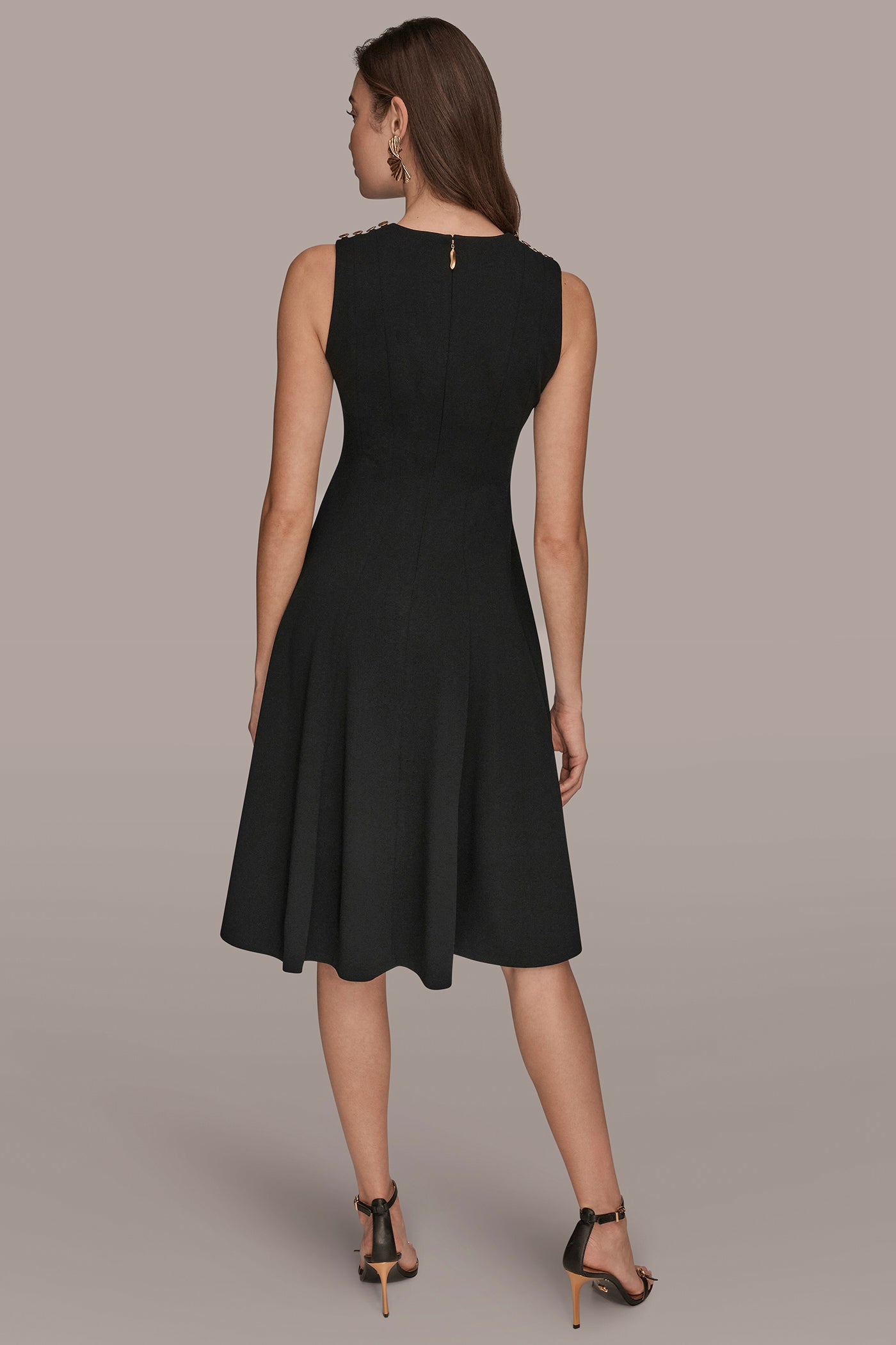 Black SLEEVELESS BUTTON MIDI FIT AND FLARE DRESS Donna Karan