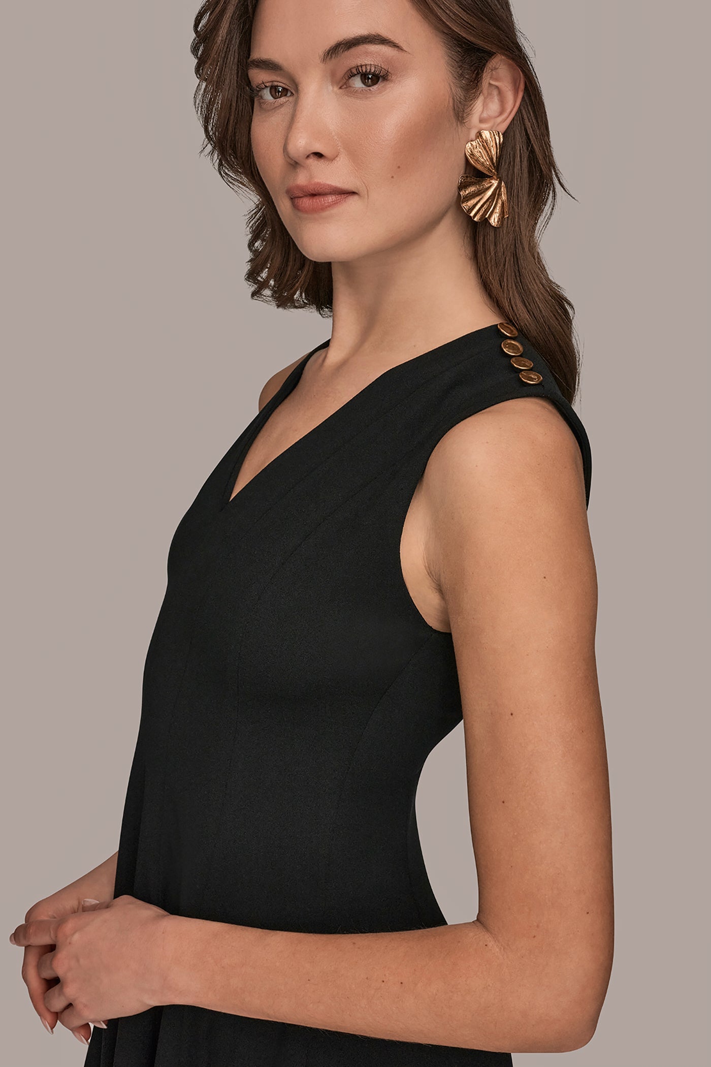 Black SLEEVELESS BUTTON MIDI FIT AND FLARE DRESS Donna Karan