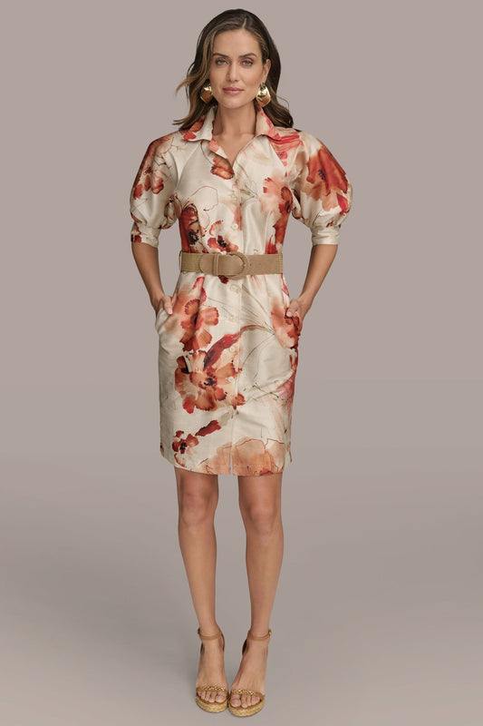 Cinnamon Multi FLORAL PUFF SLEEVE MINI SHIRT DRESS Donna Karan