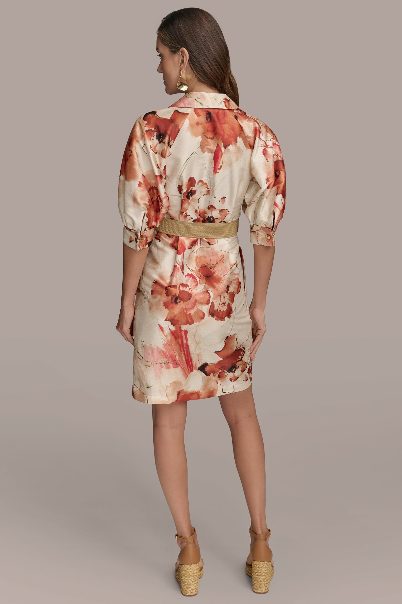 Cinnamon Multi FLORAL PUFF SLEEVE MINI SHIRT DRESS Donna Karan