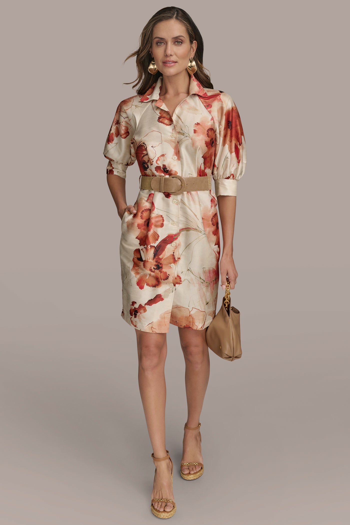 Cinnamon Multi FLORAL PUFF SLEEVE MINI SHIRT DRESS Donna Karan