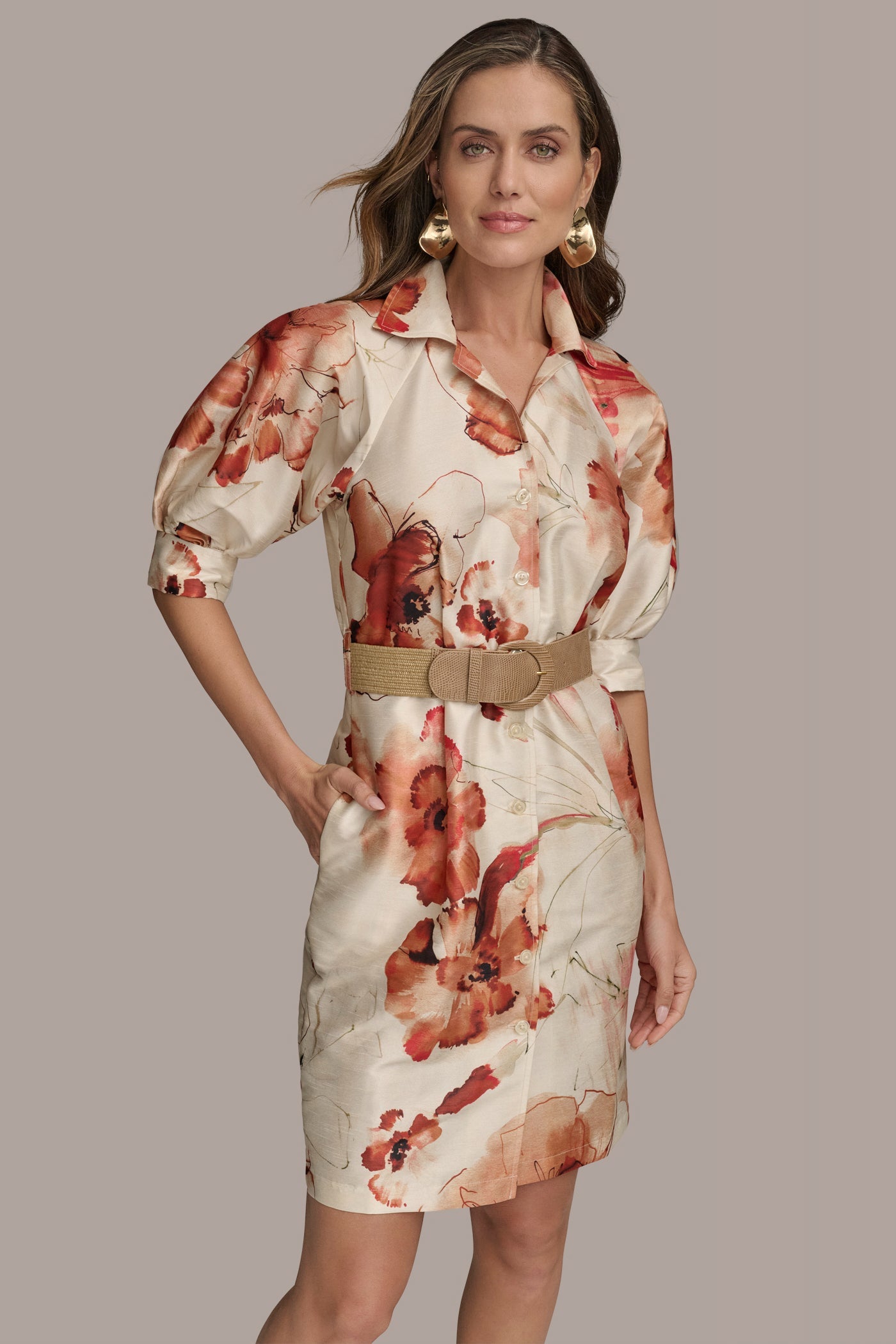 Cinnamon Multi FLORAL PUFF SLEEVE MINI SHIRT DRESS Donna Karan