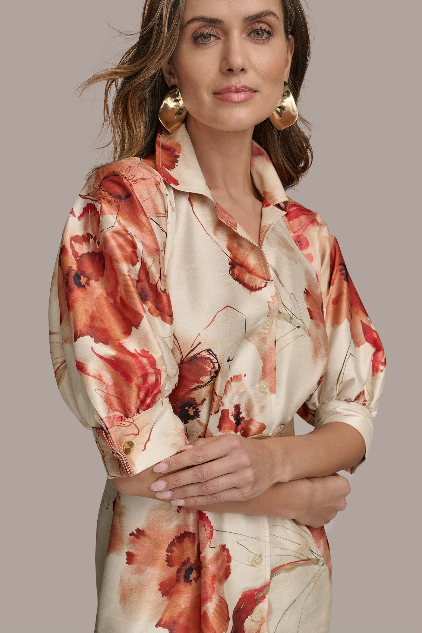 Cinnamon Multi FLORAL PUFF SLEEVE MINI SHIRT DRESS Donna Karan