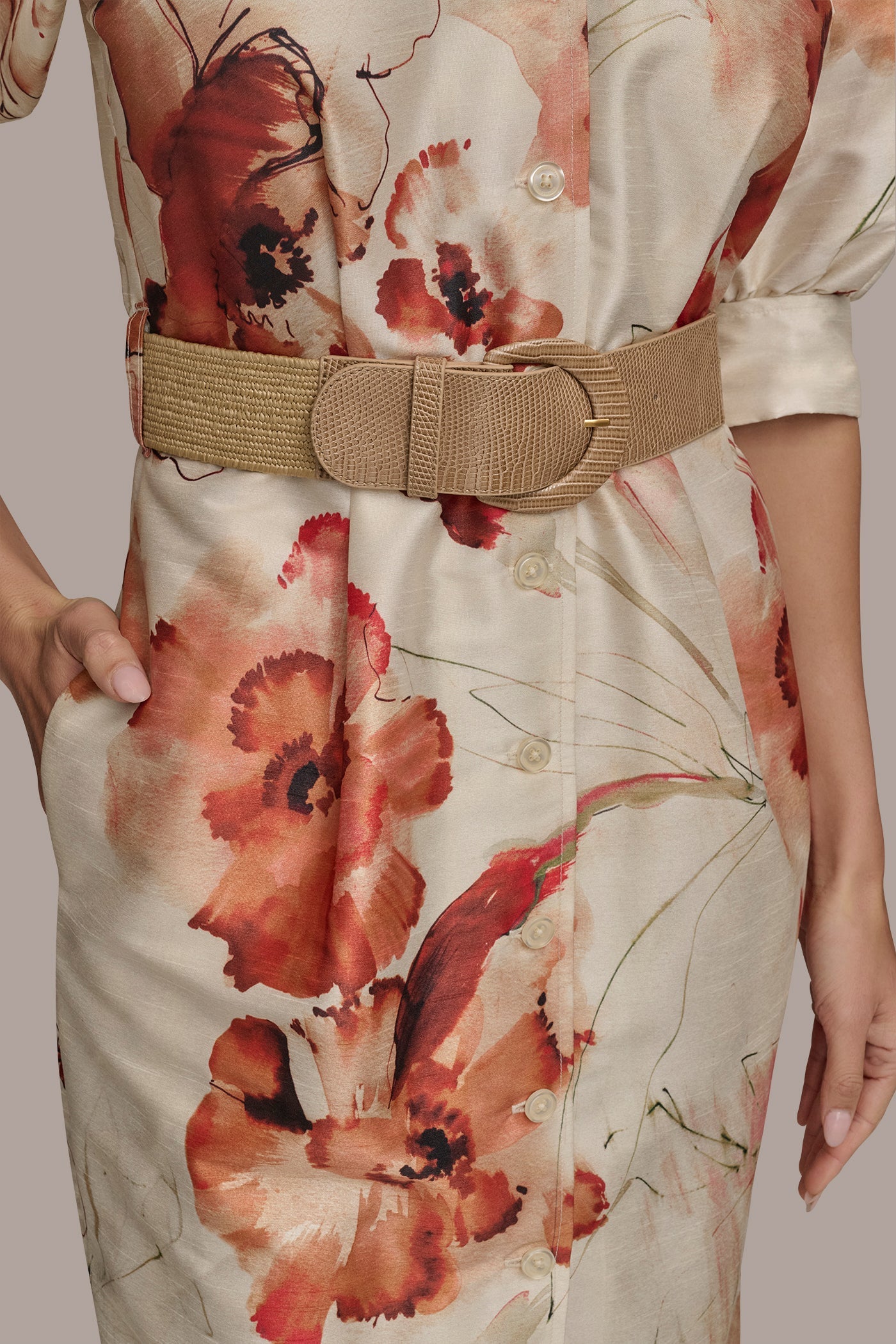 Cinnamon Multi FLORAL PUFF SLEEVE MINI SHIRT DRESS Donna Karan