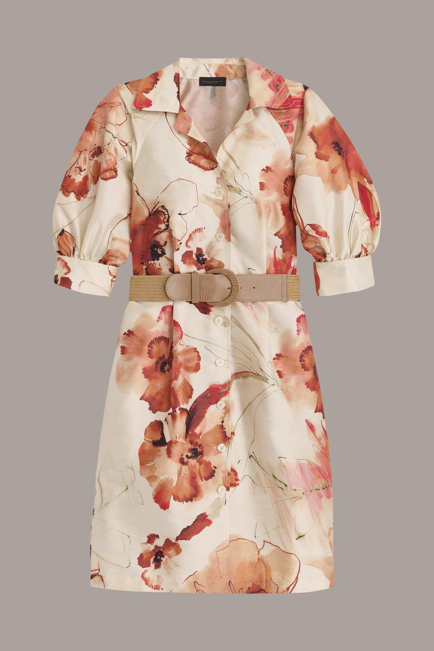Cinnamon Multi FLORAL PUFF SLEEVE MINI SHIRT DRESS Donna Karan