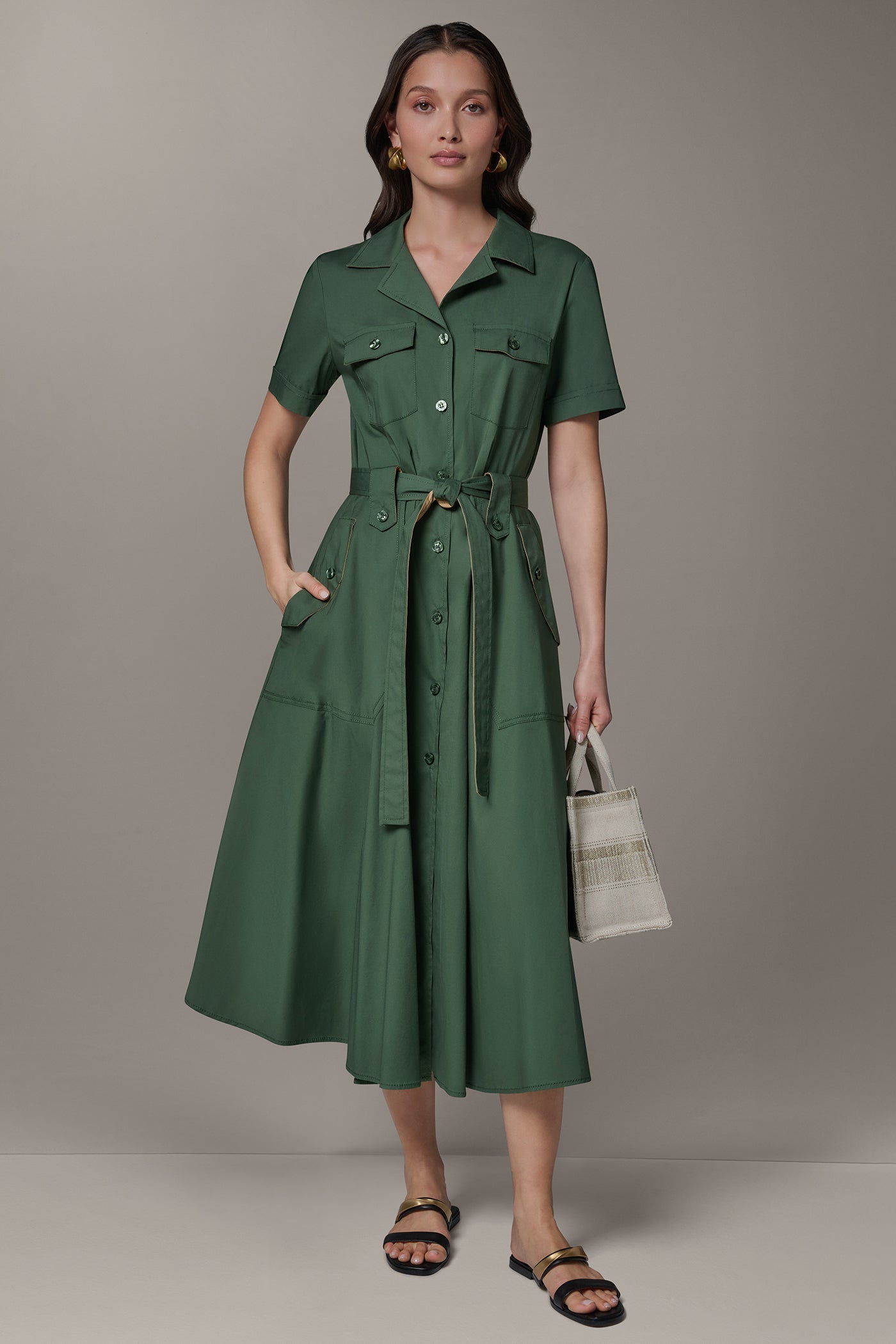 Verde/Fawn SHORT SLEEVE MIDI SHIRT DRESS Donna Karan