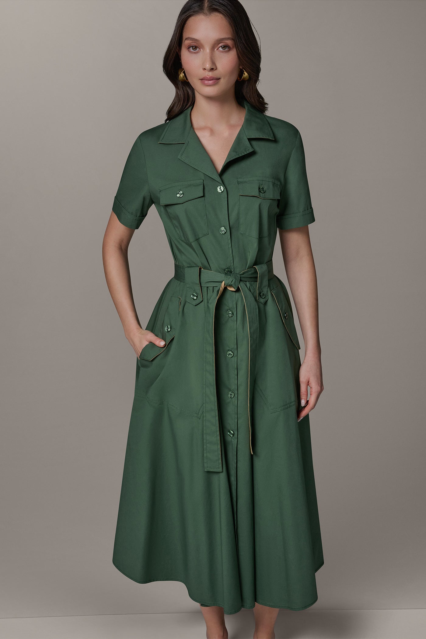 Verde/Fawn SHORT SLEEVE MIDI SHIRT DRESS Donna Karan