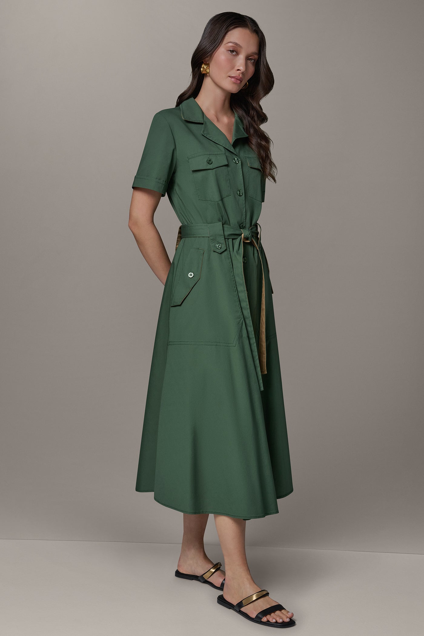 Verde/Fawn SHORT SLEEVE MIDI SHIRT DRESS Donna Karan