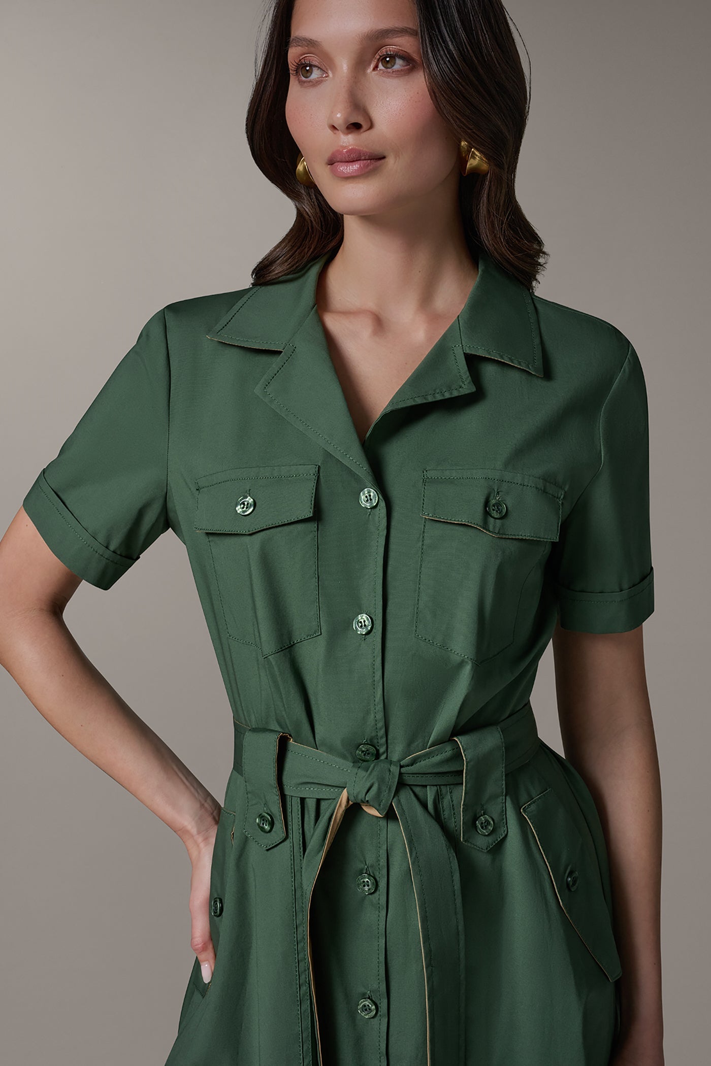Verde/Fawn SHORT SLEEVE MIDI SHIRT DRESS Donna Karan