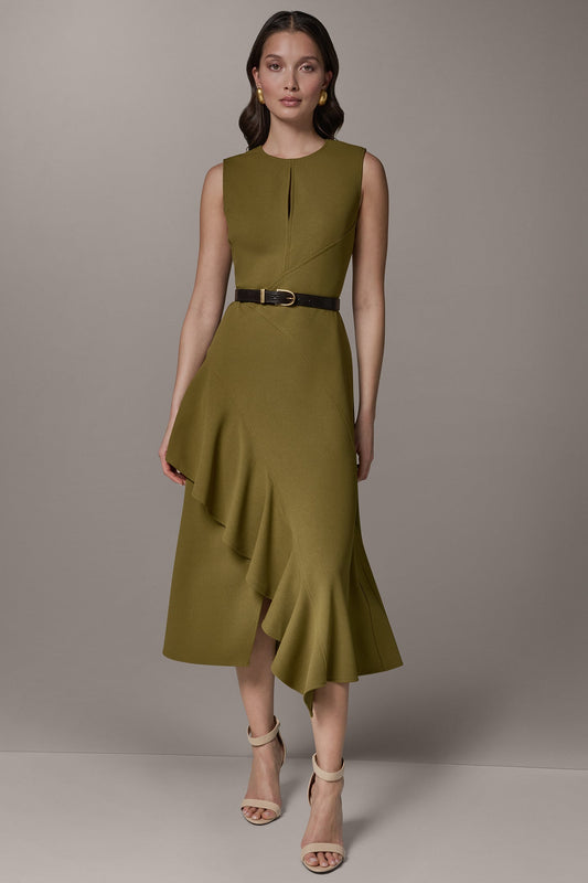 Smoky Olive SLEEVELESS RUFFLE MIDI HI-LOW DRESS Donna Karan