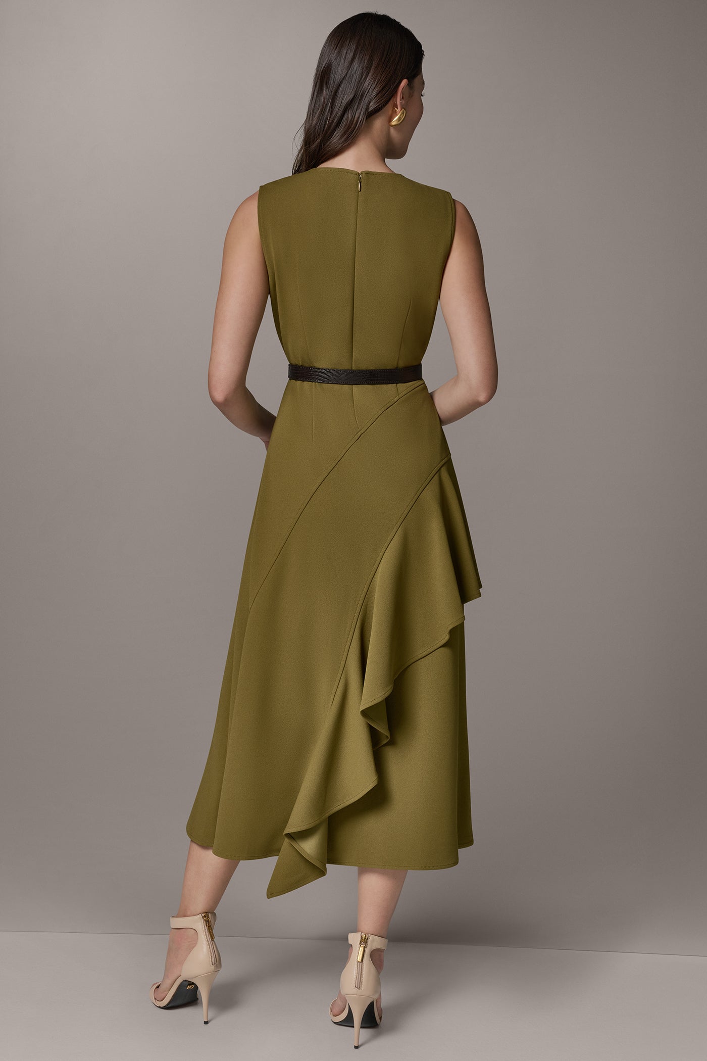 Smoky Olive SLEEVELESS RUFFLE MIDI HI-LOW DRESS Donna Karan