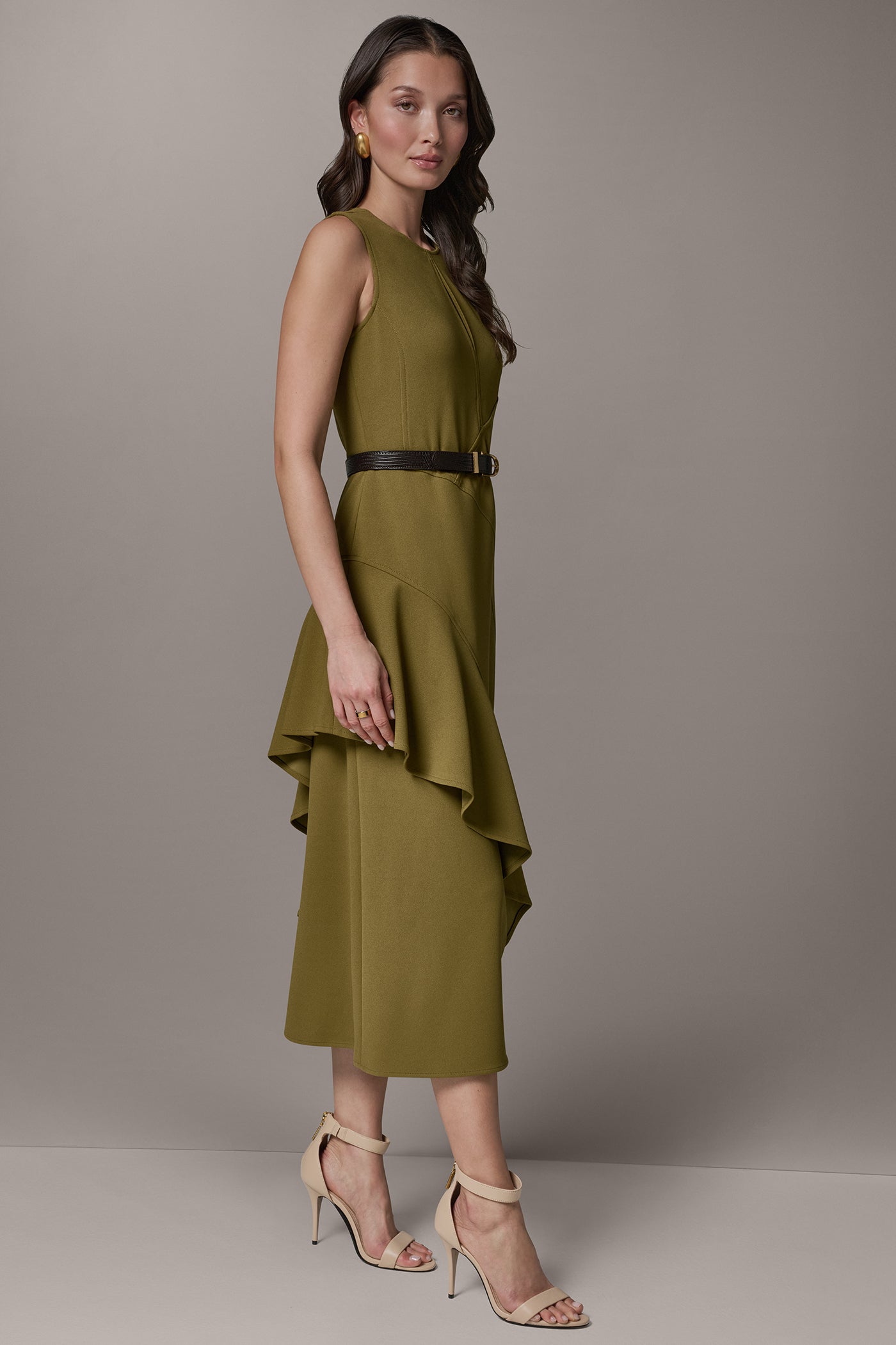 Smoky Olive SLEEVELESS RUFFLE MIDI HI-LOW DRESS Donna Karan