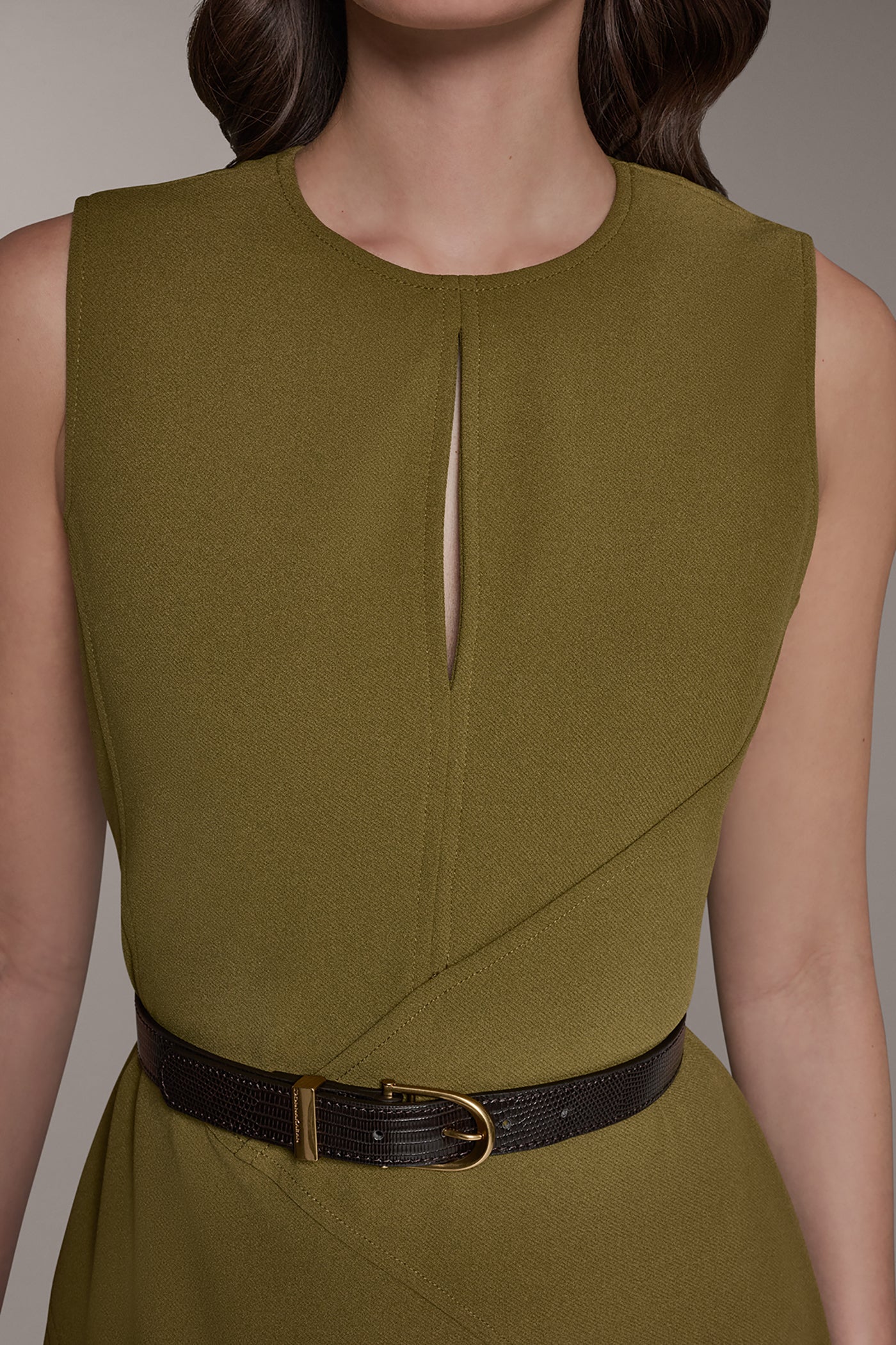 Smoky Olive SLEEVELESS RUFFLE MIDI HI-LOW DRESS Donna Karan