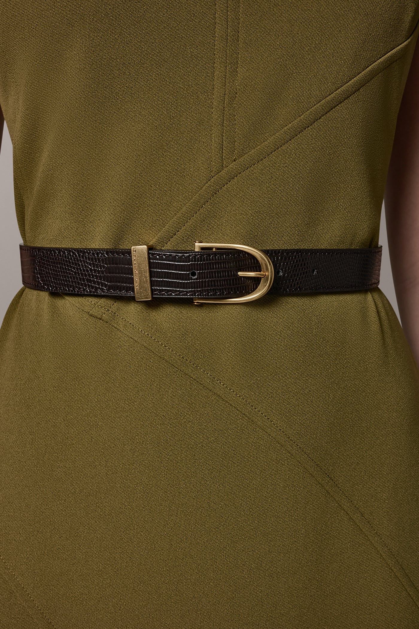 Smoky Olive SLEEVELESS RUFFLE MIDI HI-LOW DRESS Donna Karan