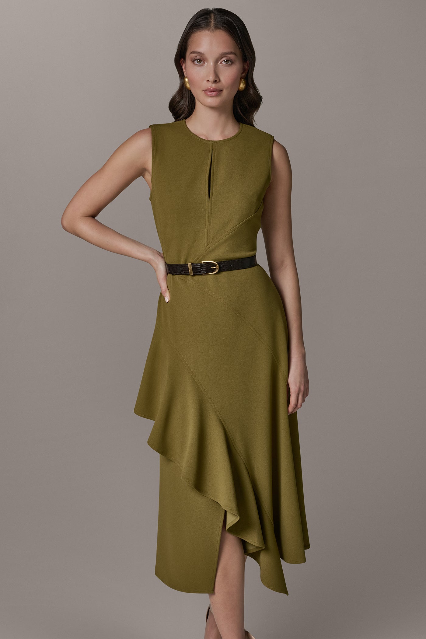 Smoky Olive SLEEVELESS RUFFLE MIDI HI-LOW DRESS Donna Karan