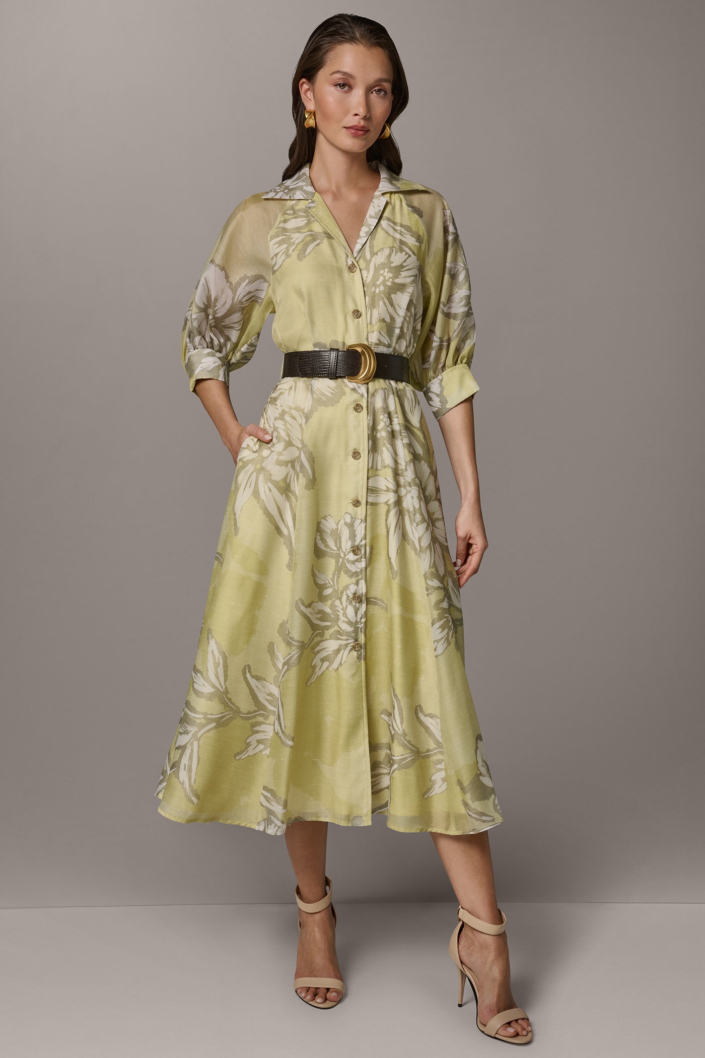 Summer Citron Multi PUFF SLEEVE MIDI SHIRT DRESS Donna Karan