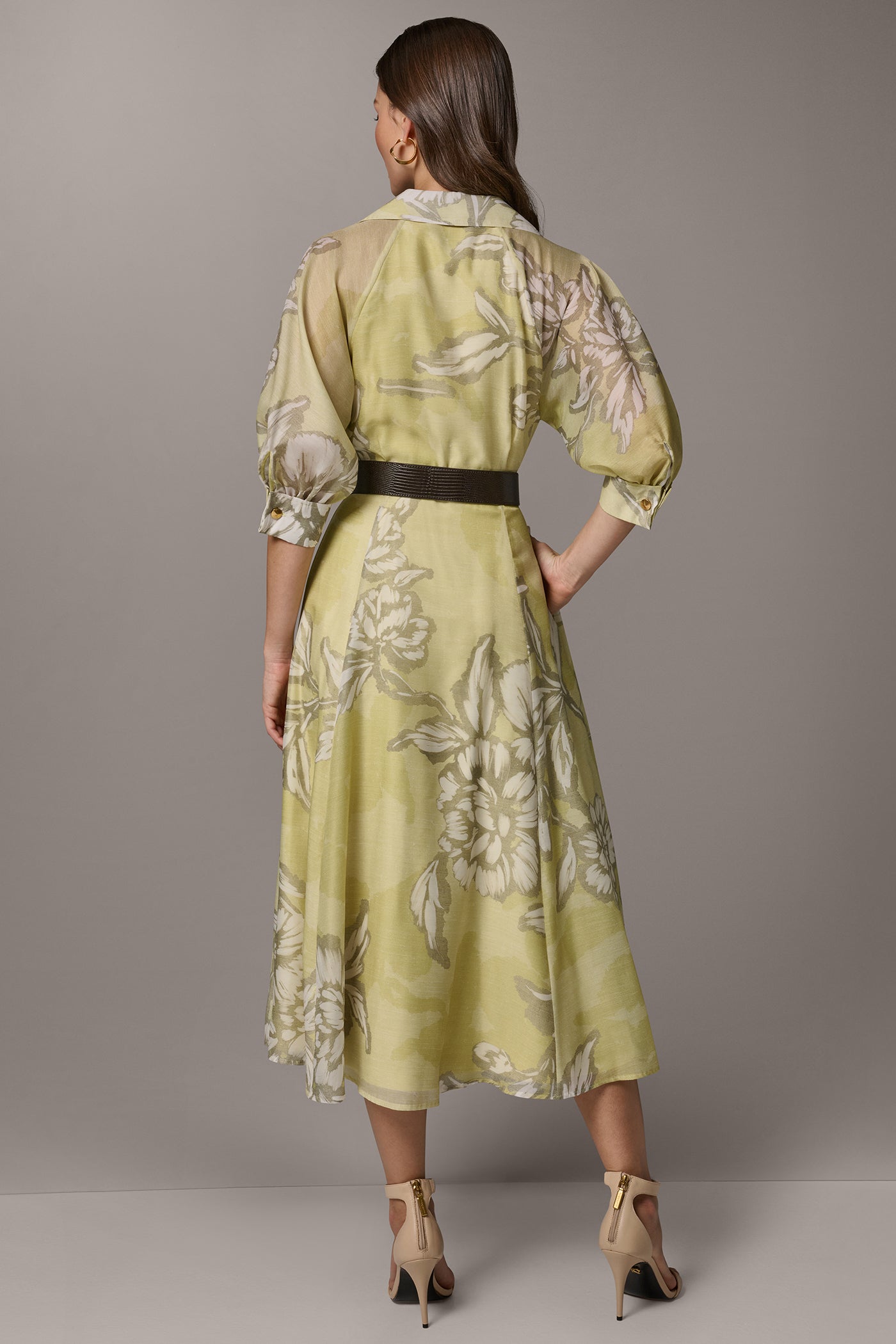 Summer Citron Multi PUFF SLEEVE MIDI SHIRT DRESS Donna Karan