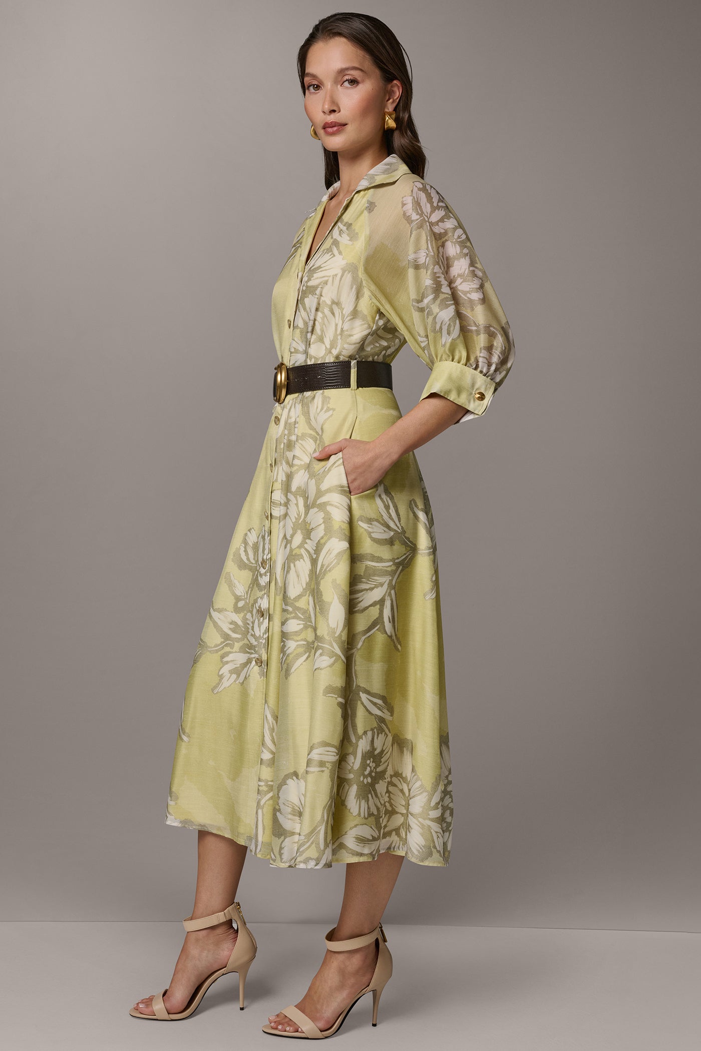 Summer Citron Multi PUFF SLEEVE MIDI SHIRT DRESS Donna Karan