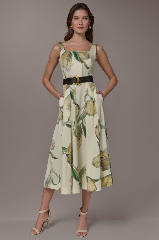 Pannacotta Multi COTTON-SATEEN PRINTED MIDI A-LINE DRESS Donna Karan
