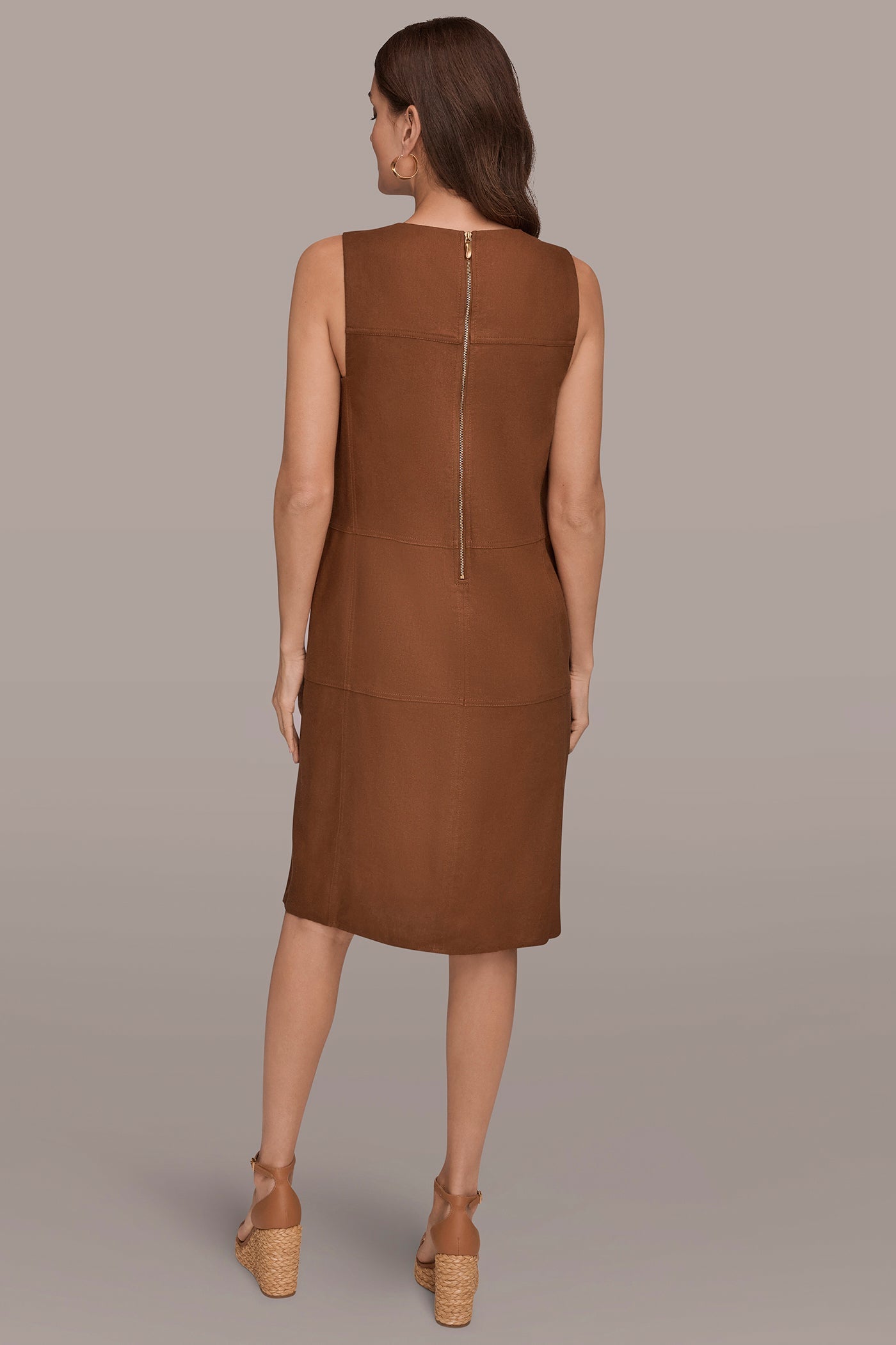 COGNAC LINEN-BLEND SHIFT DRESS Donna Karan
