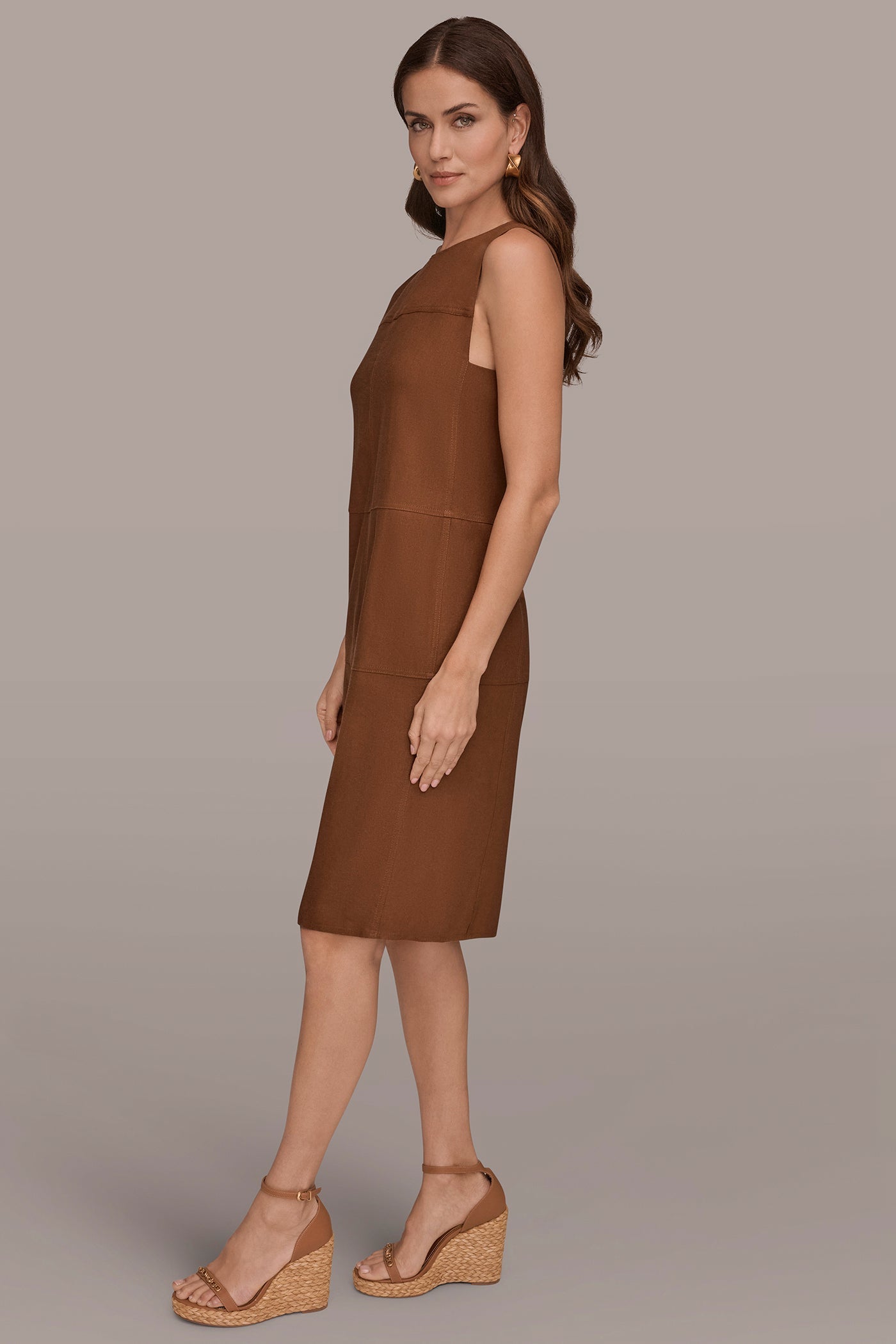 COGNAC LINEN-BLEND SHIFT DRESS Donna Karan
