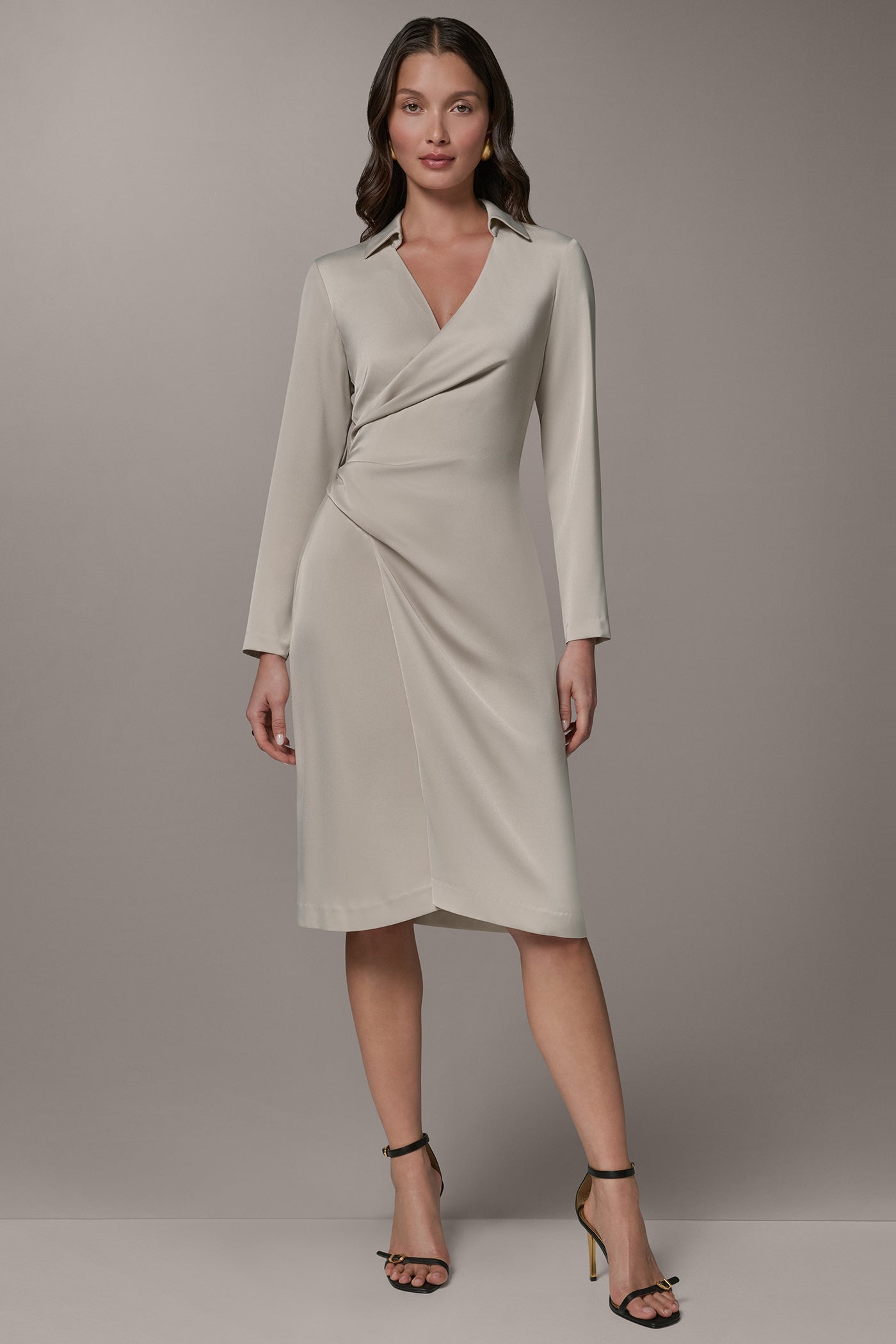 Tuscan Grey LONG SLEEVE WRAP-EFFECT SHIRT DRESS Donna Karan