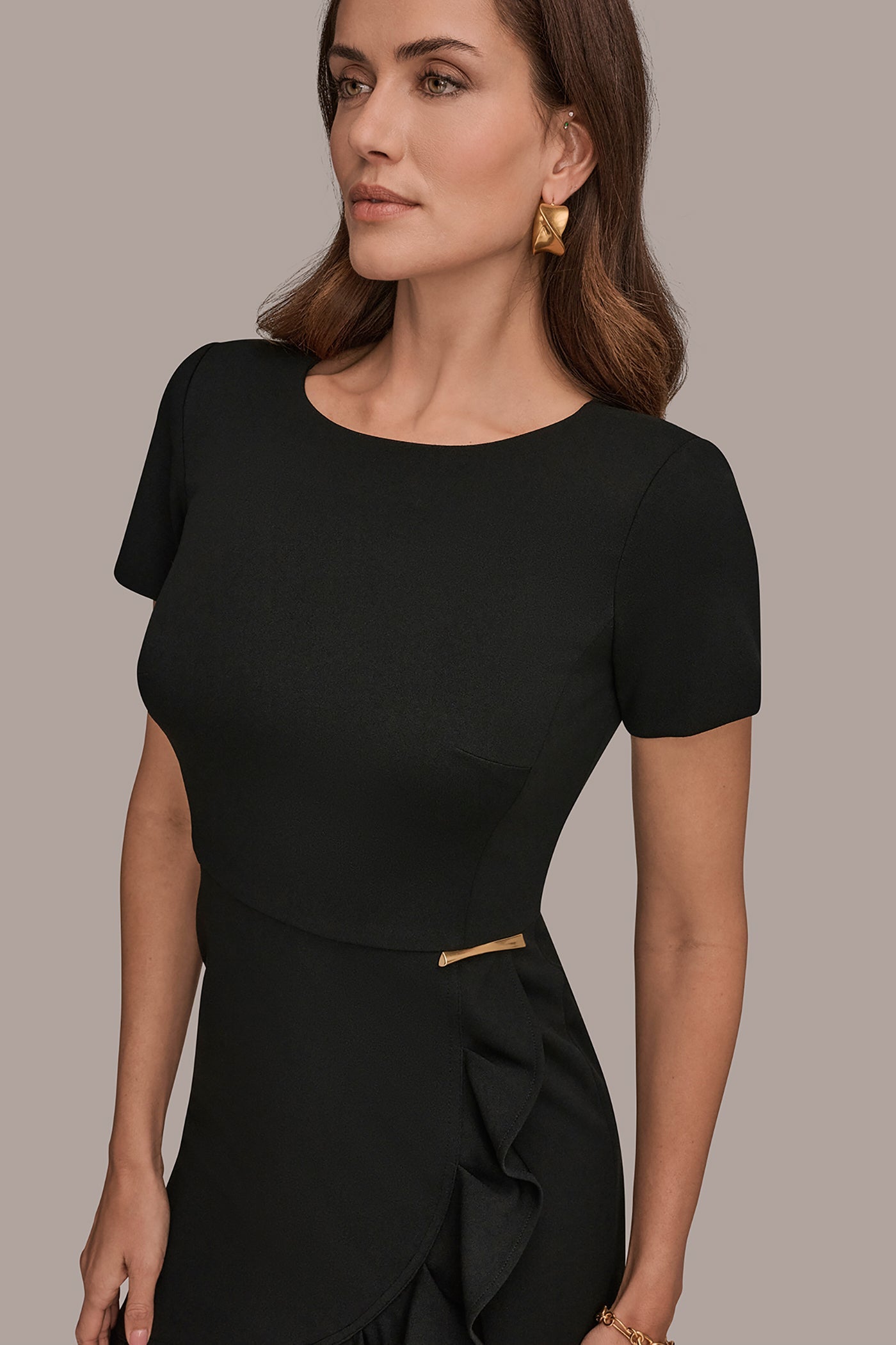 Black SHORT SLEEVE RUFFLE SHEATH DRESS Donna Karan
