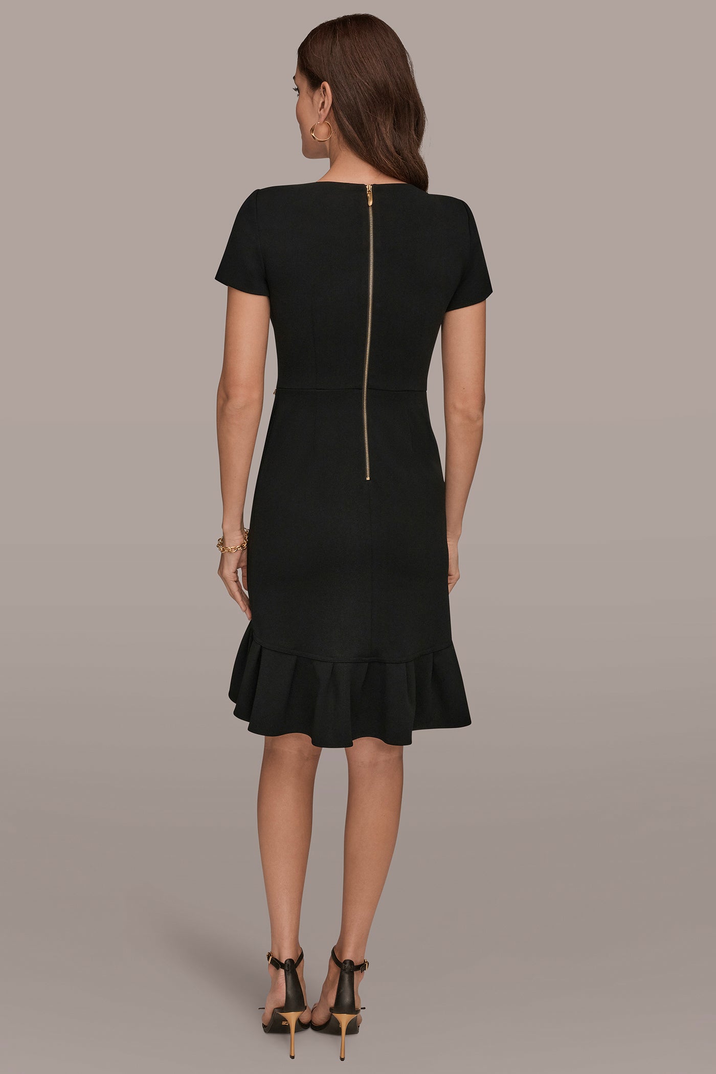 Black SHORT SLEEVE RUFFLE SHEATH DRESS Donna Karan