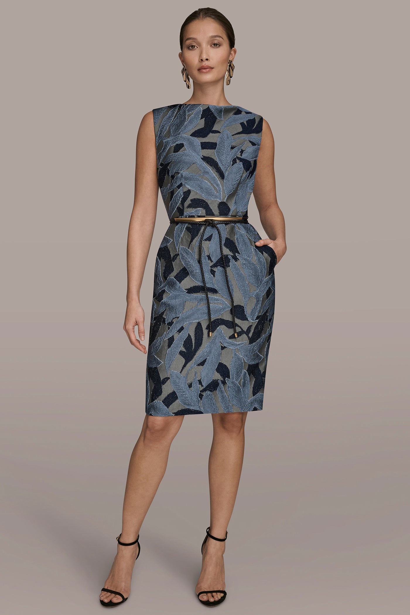 VAPOR MULTI JACQUARD SLEEVELESS COWL-NECK SHEATH DRESS Donna Karan