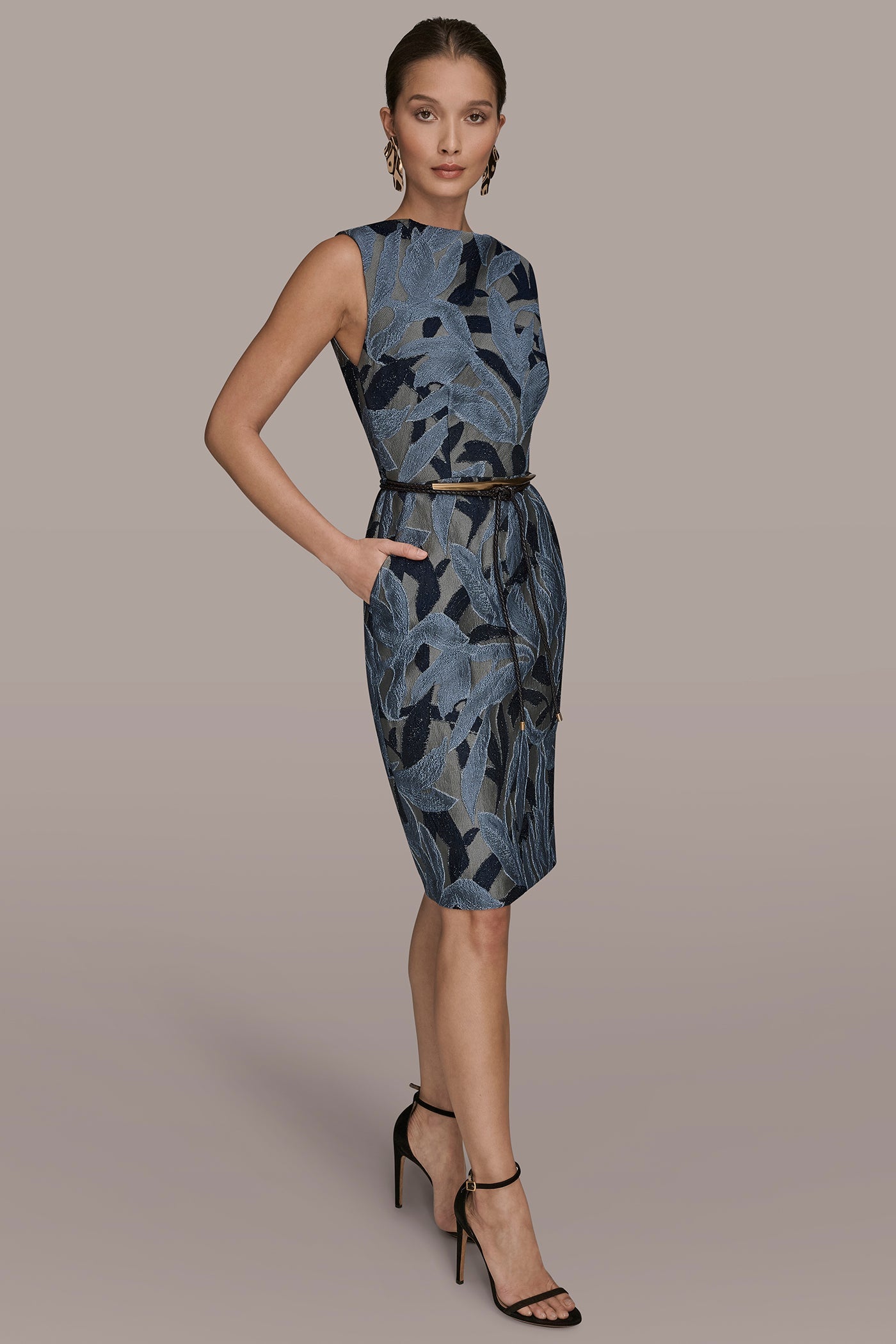 VAPOR MULTI JACQUARD SLEEVELESS COWL-NECK SHEATH DRESS Donna Karan