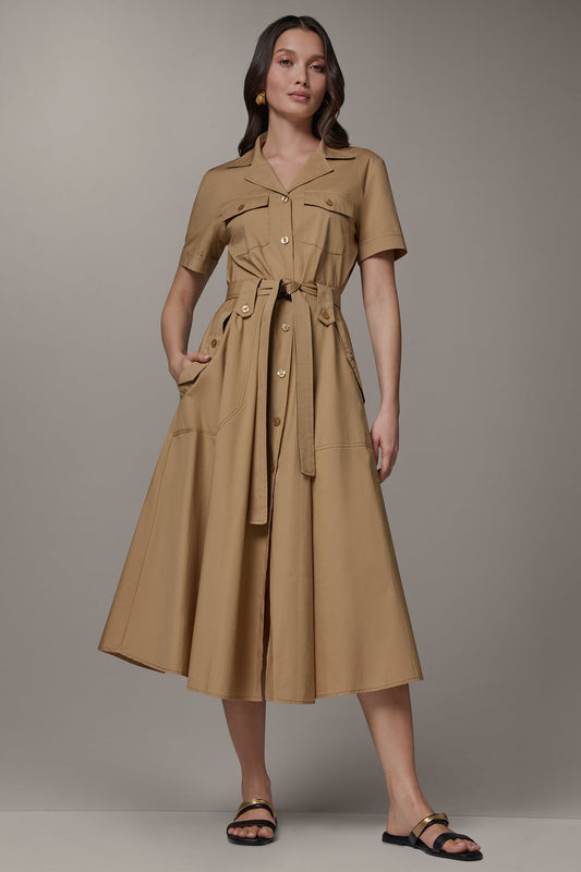 Fawn/ Black SHORT SLEEVE MIDI SHIRT DRESS Donna Karan
