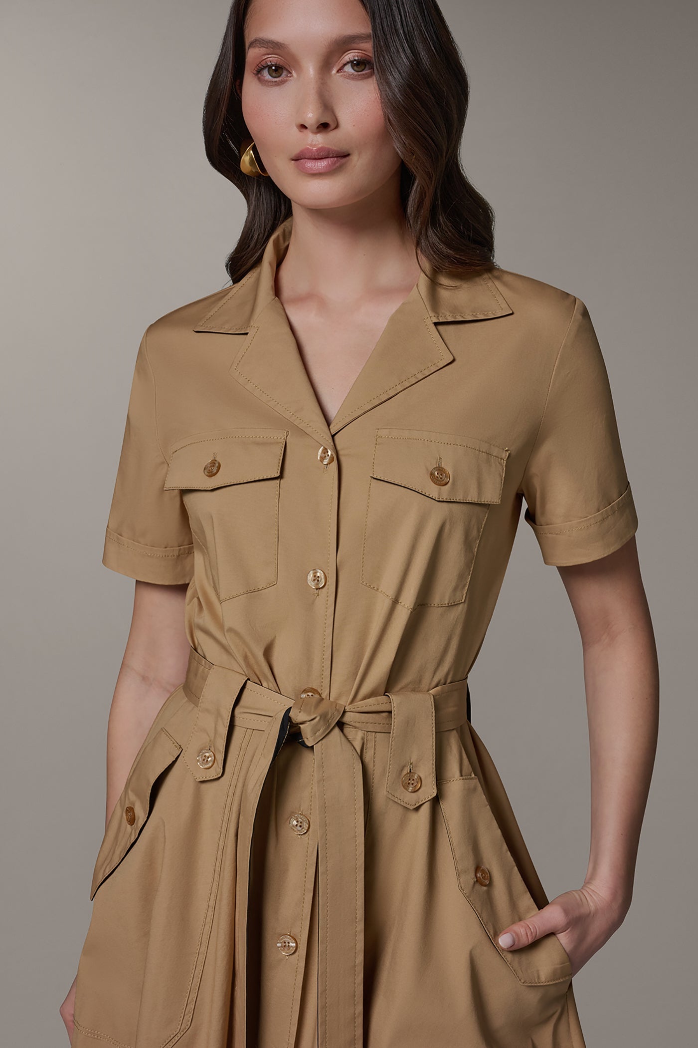 Fawn/ Black SHORT SLEEVE MIDI SHIRT DRESS Donna Karan