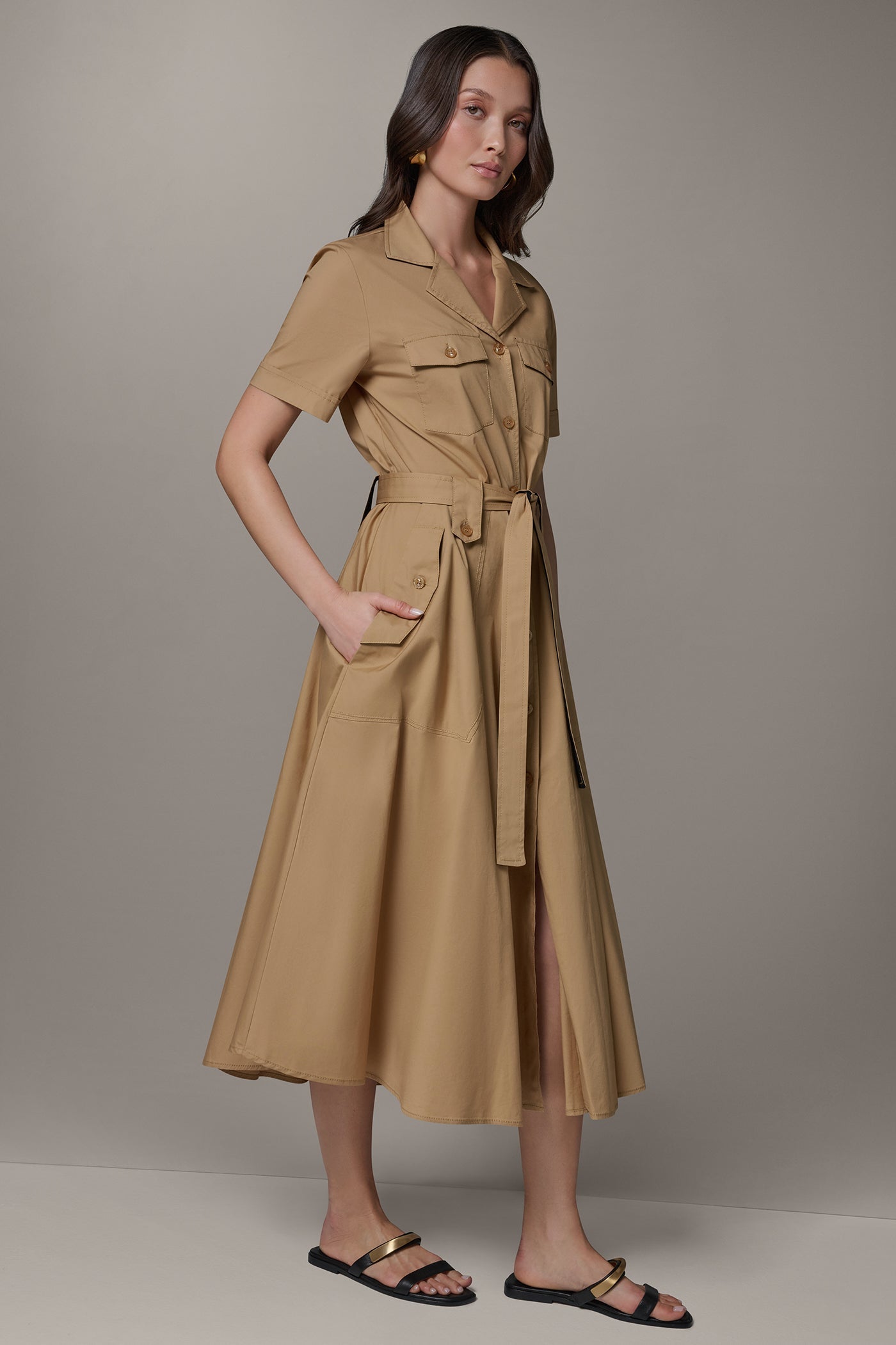 Fawn/ Black SHORT SLEEVE MIDI SHIRT DRESS Donna Karan
