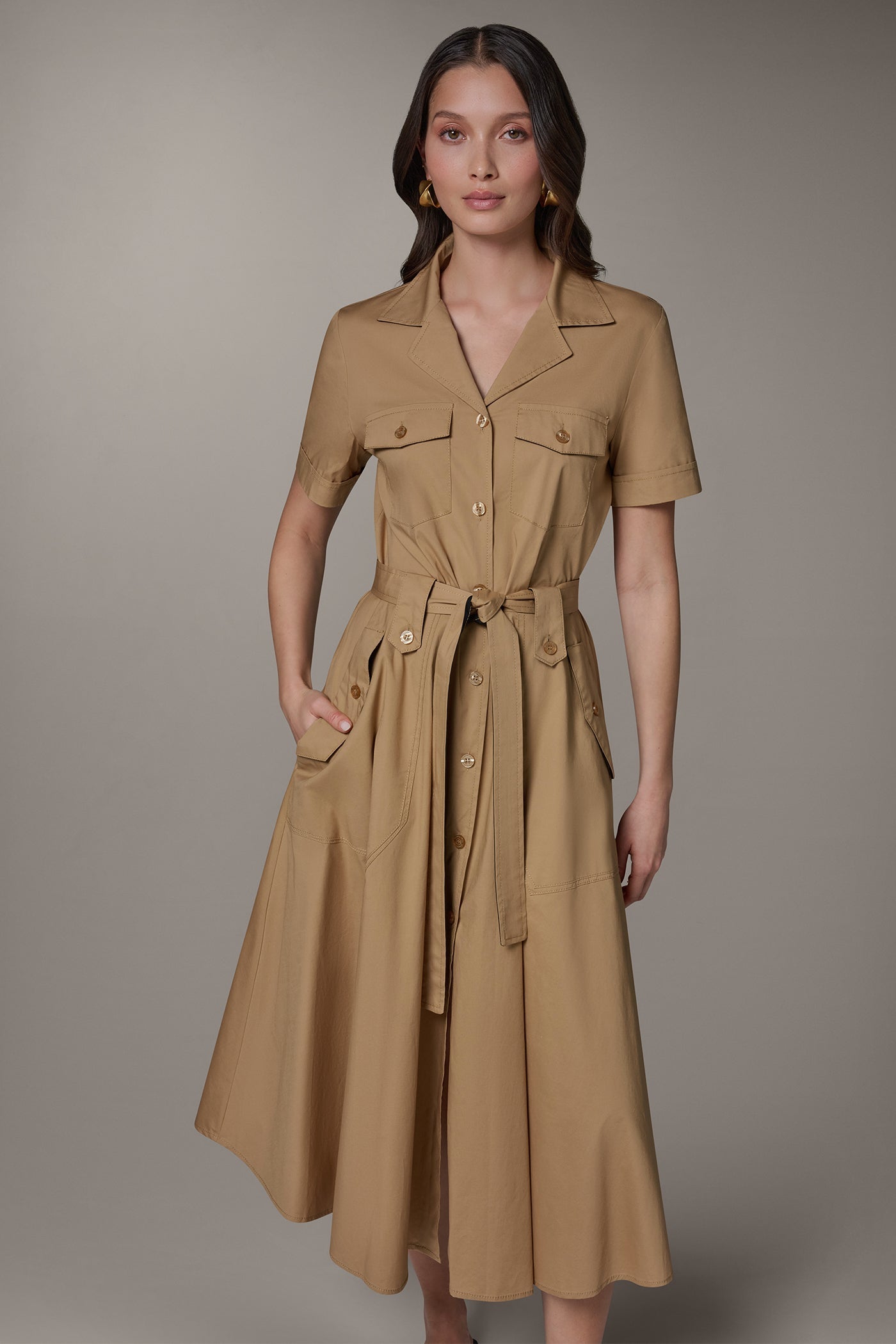Fawn/ Black SHORT SLEEVE MIDI SHIRT DRESS Donna Karan