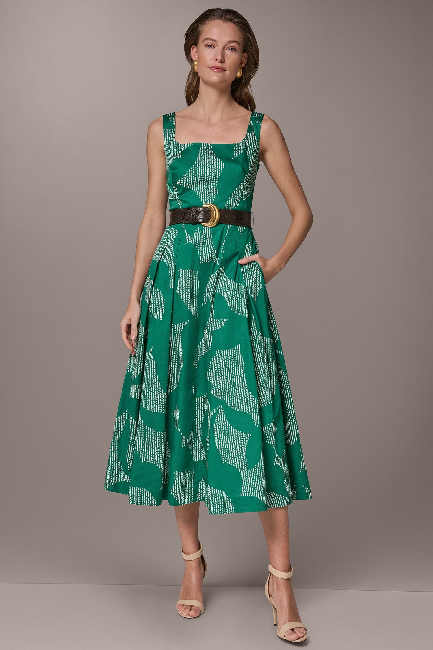 Lawn/Cream STRETCH COTTON-POPLIN PRINTED PLEATED MIDI A-LINE DRESS Donna Karan