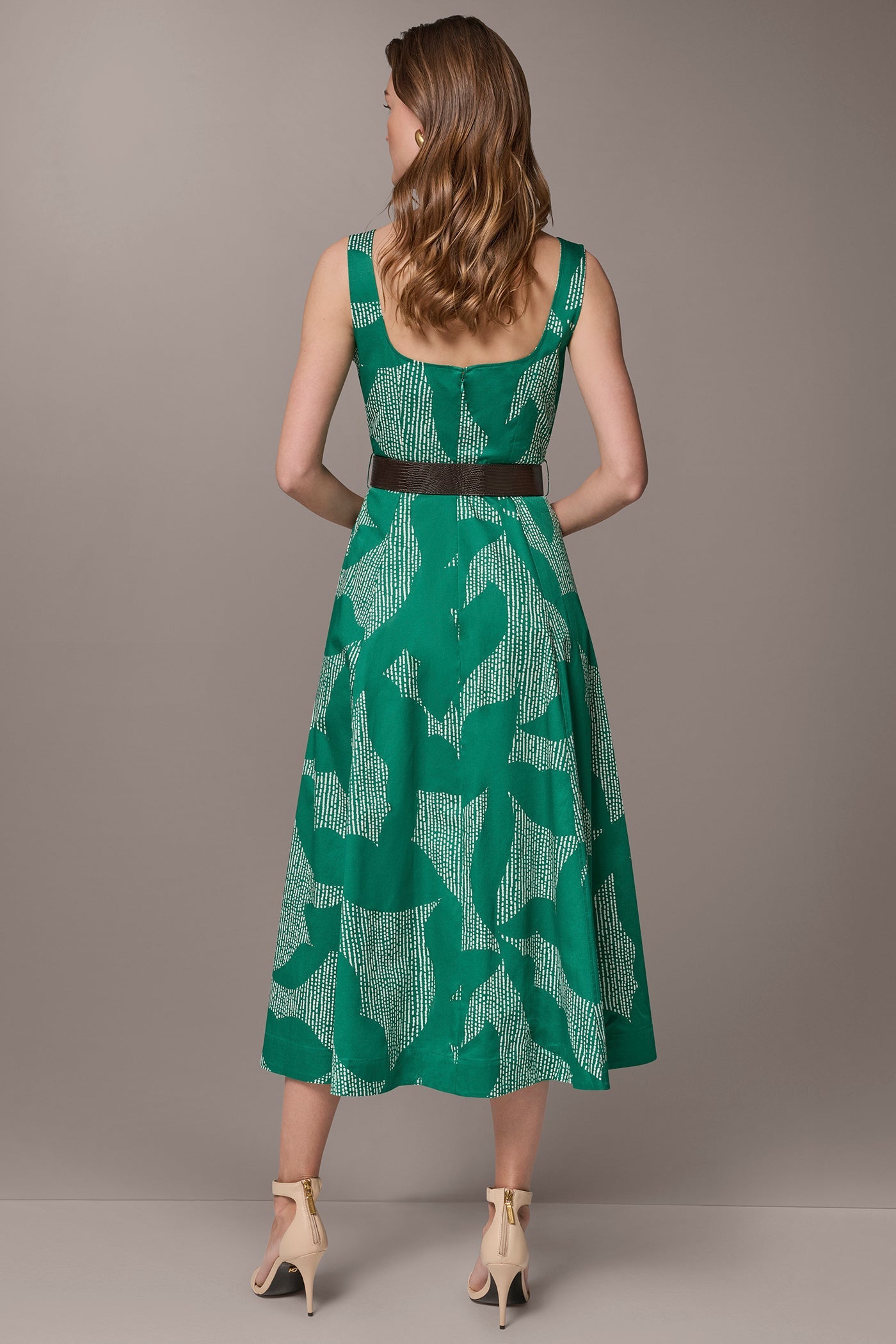 Lawn/Cream STRETCH COTTON-POPLIN PRINTED PLEATED MIDI A-LINE DRESS Donna Karan