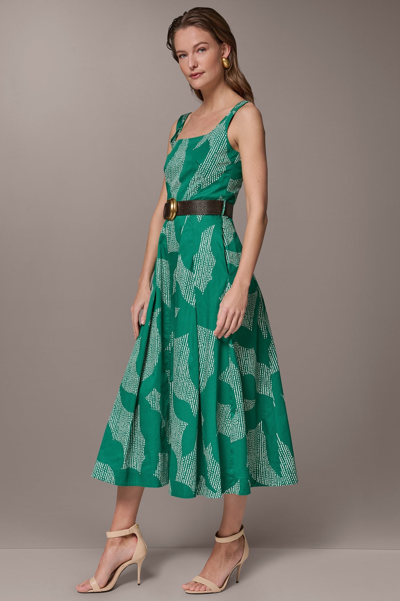 Lawn/Cream STRETCH COTTON-POPLIN PRINTED PLEATED MIDI A-LINE DRESS Donna Karan