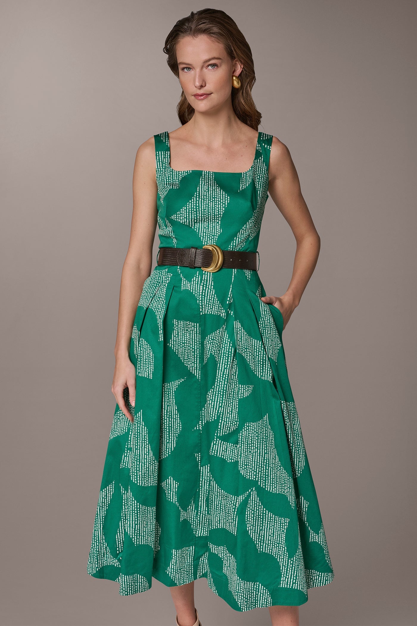 Lawn/Cream STRETCH COTTON-POPLIN PRINTED PLEATED MIDI A-LINE DRESS Donna Karan