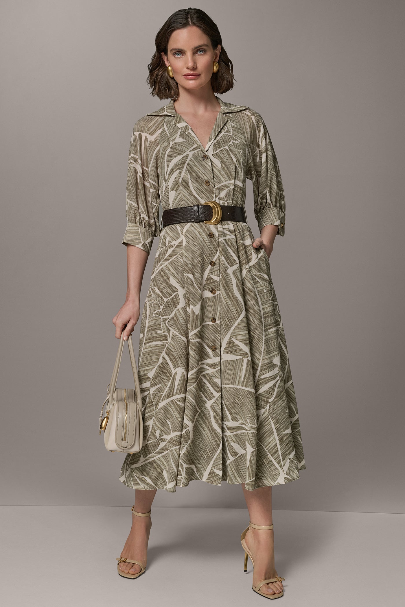 Light Olive Multi ABSTRACT BELTED A LINE MIDI SHIRT DRESS Donna Karan