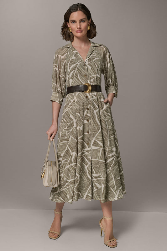 Light Olive Multi ABSTRACT BELTED A LINE MIDI SHIRT DRESS Donna Karan