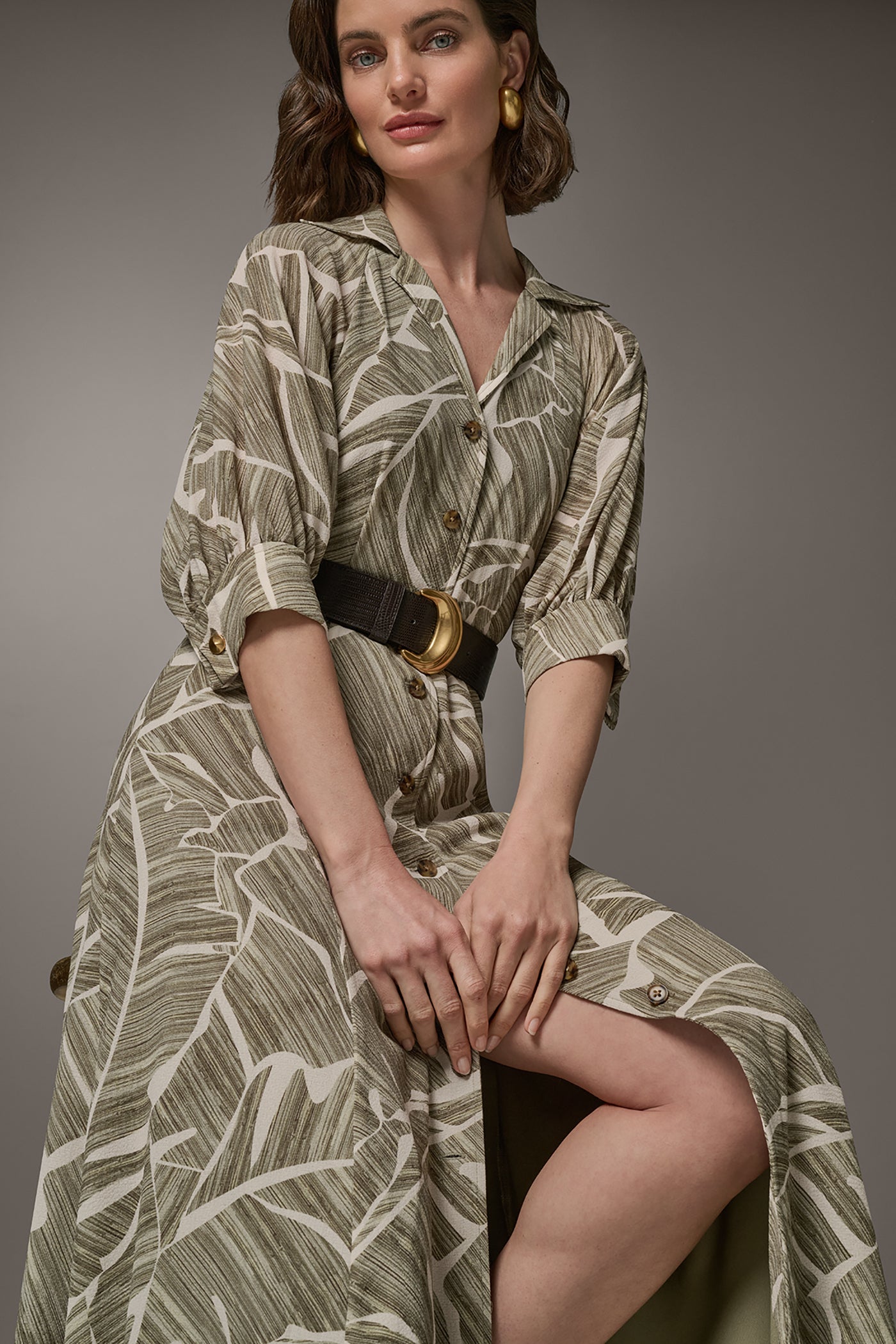 Light Olive Multi ABSTRACT BELTED A LINE MIDI SHIRT DRESS Donna Karan