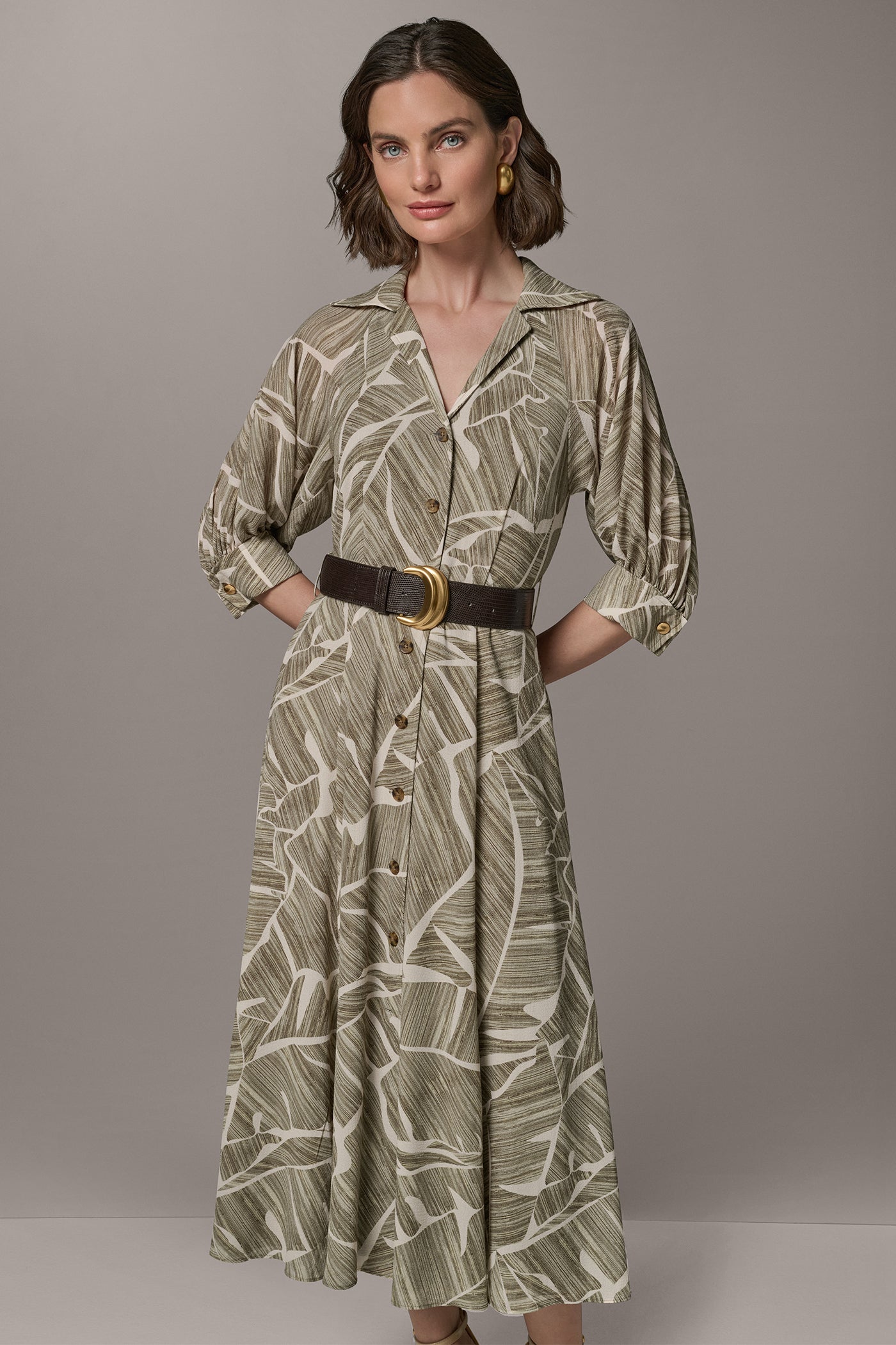 Light Olive Multi ABSTRACT BELTED A LINE MIDI SHIRT DRESS Donna Karan