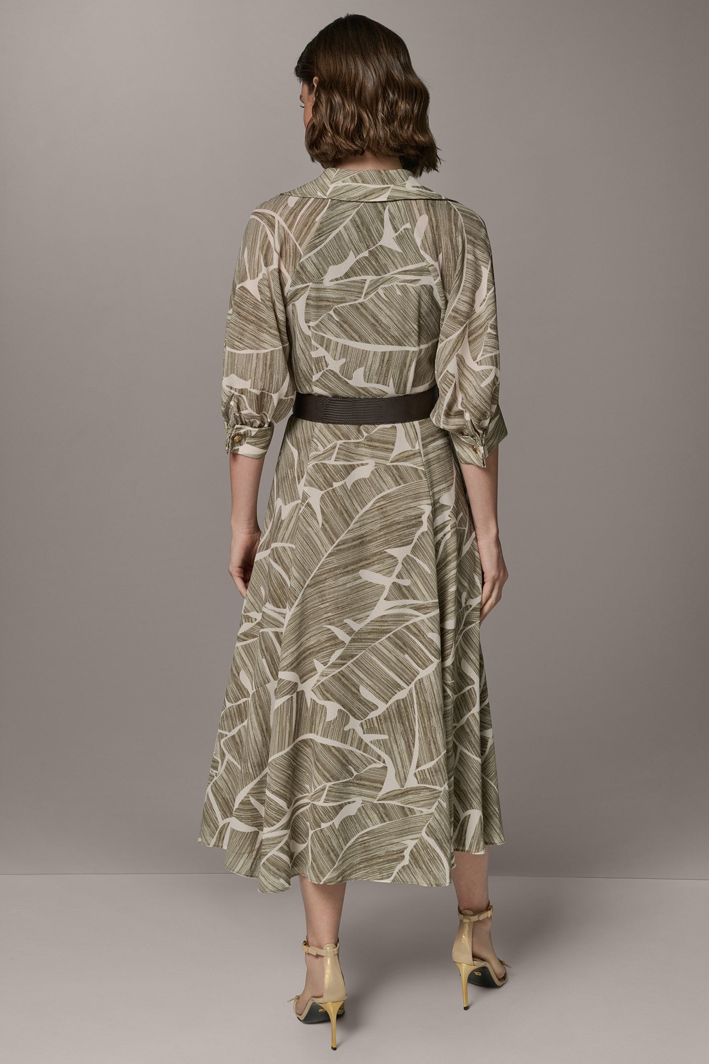 Light Olive Multi ABSTRACT BELTED A LINE MIDI SHIRT DRESS Donna Karan