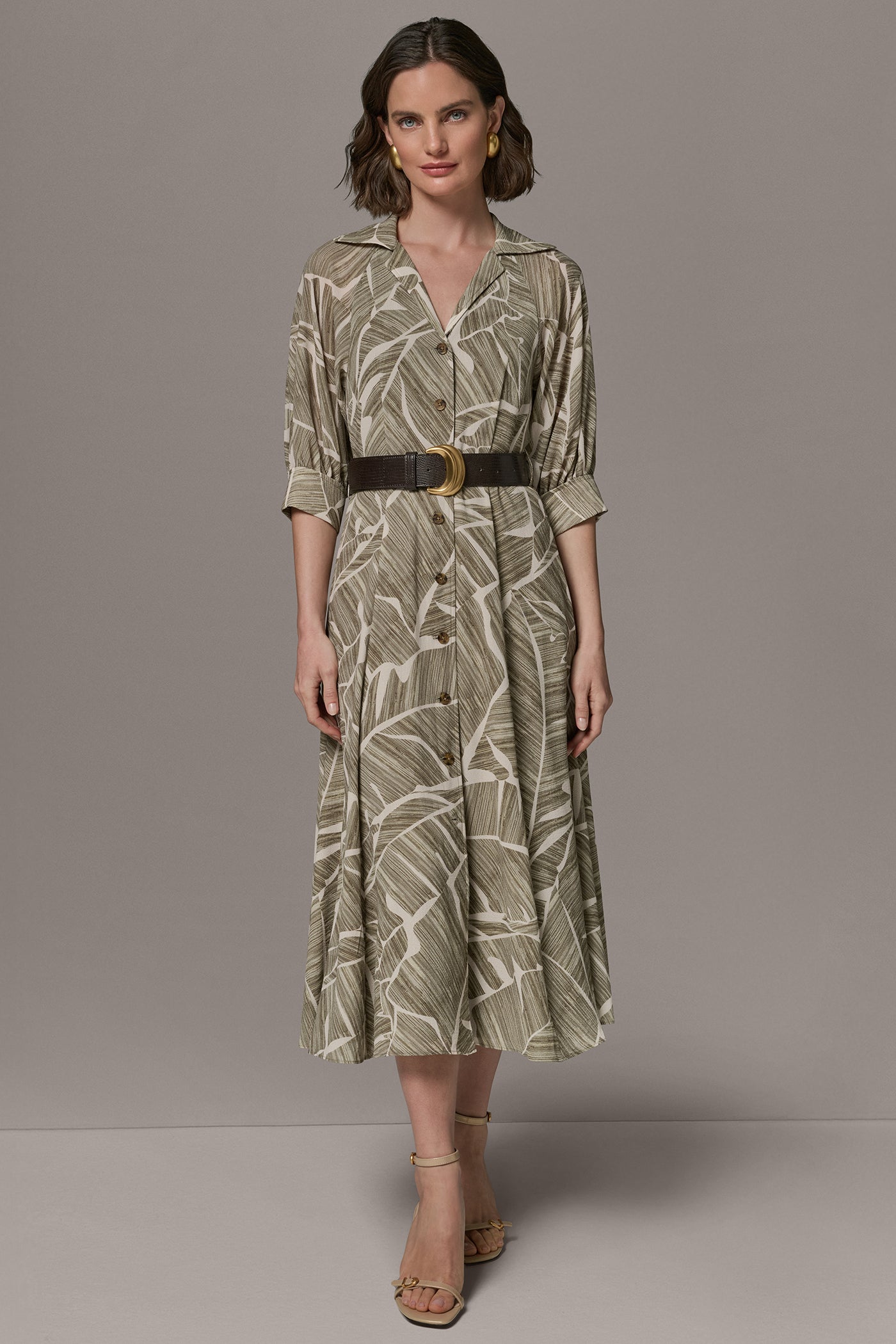 Light Olive Multi ABSTRACT BELTED A LINE MIDI SHIRT DRESS Donna Karan