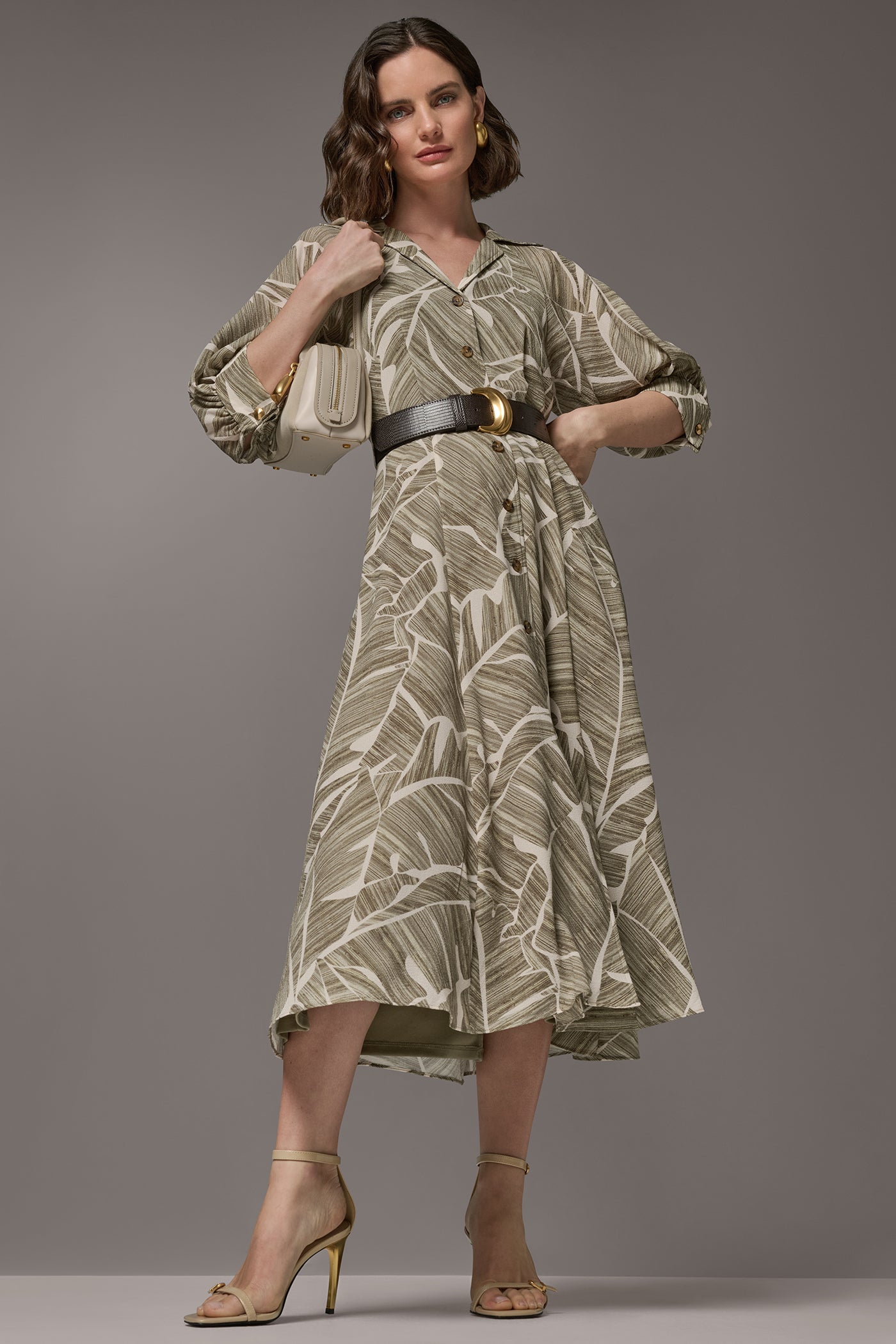 Light Olive Multi ABSTRACT BELTED A LINE MIDI SHIRT DRESS Donna Karan
