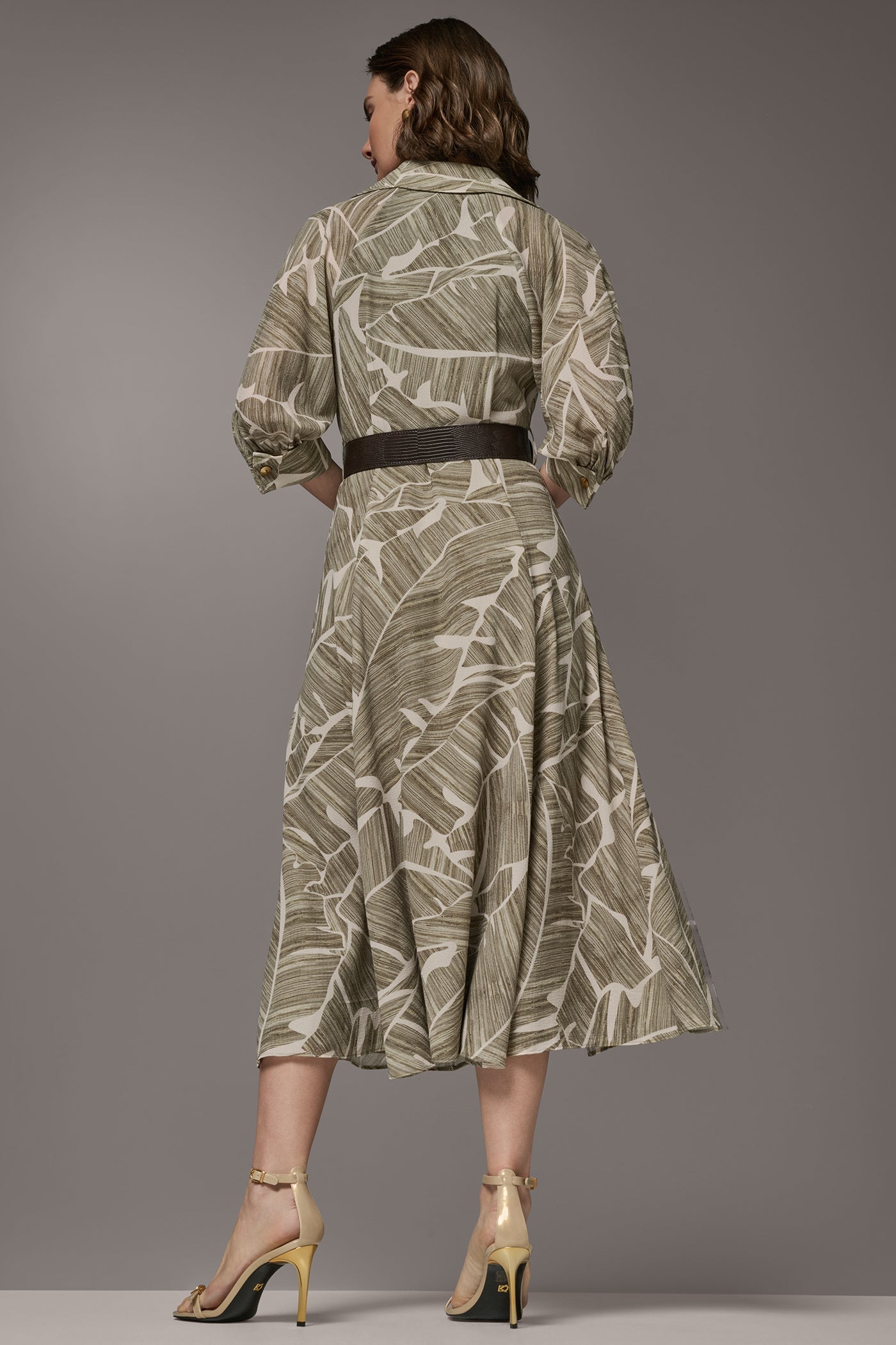 Light Olive Multi ABSTRACT BELTED A LINE MIDI SHIRT DRESS Donna Karan